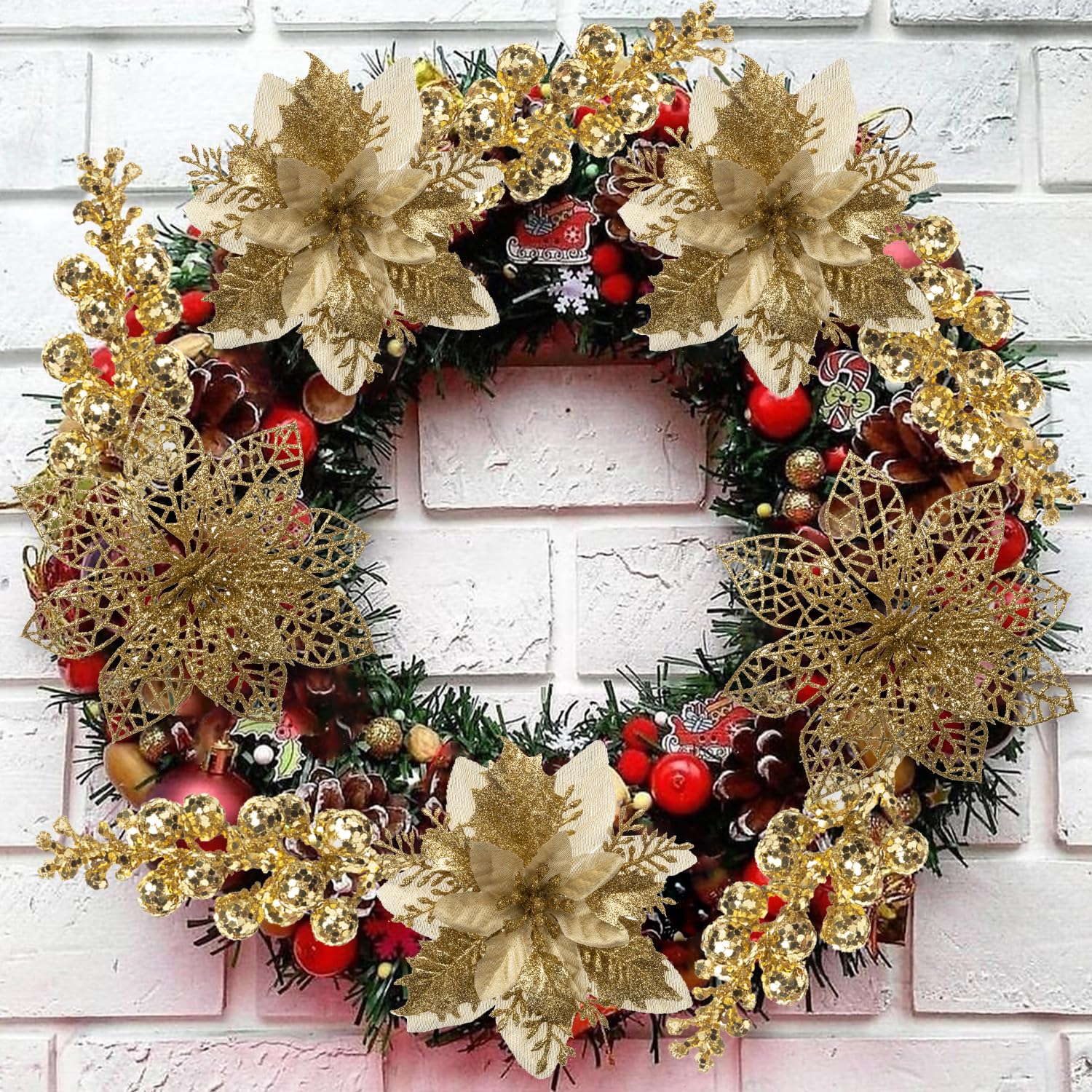 Jilimeli 24Pcs Christmas Poinsettia Artificial Flowers and Glitter Berries Kit, 2 Styles Total 16Pcs Christmas Tree Flowers Orna