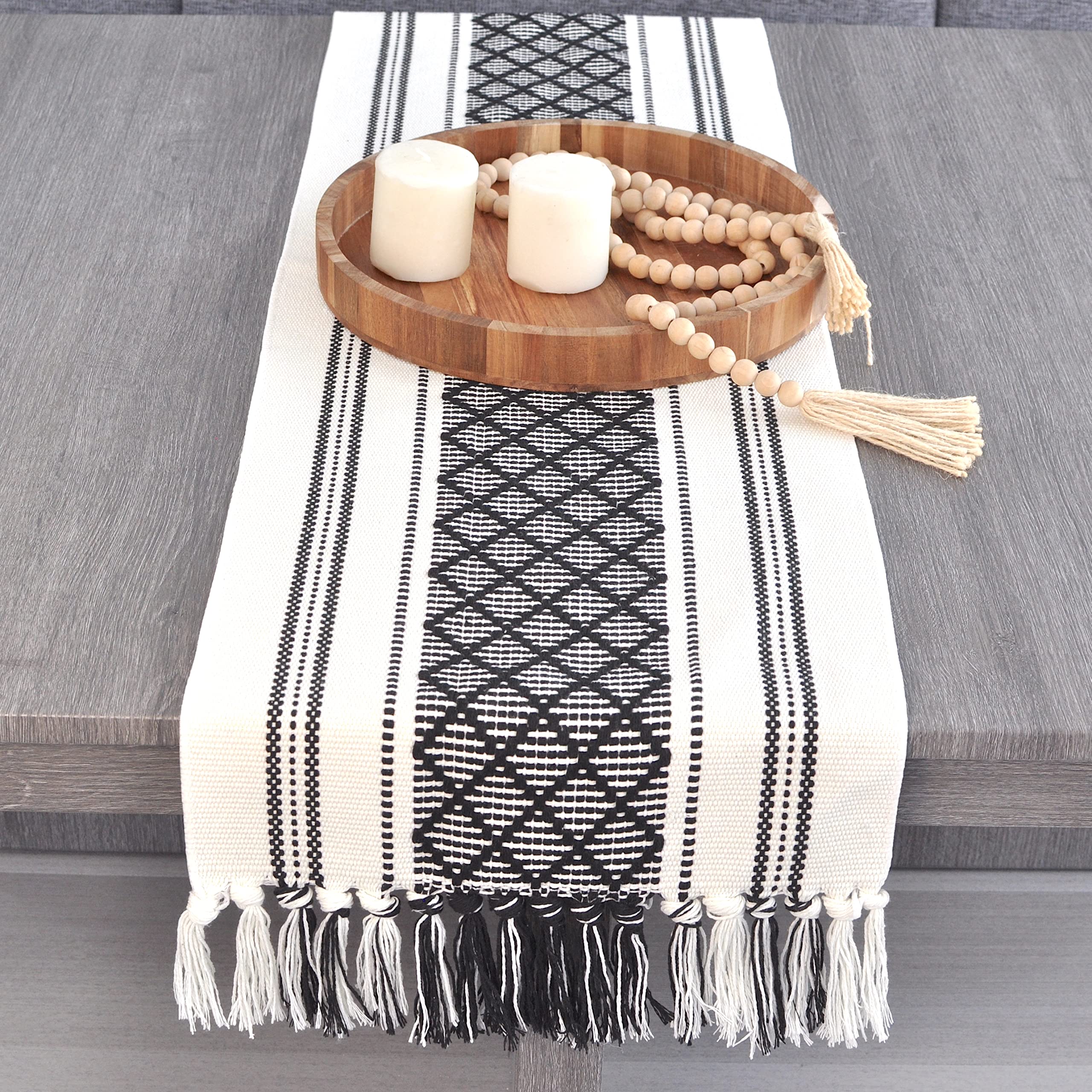 Oveesha Boho Table Runner With Tassel 14 X 72 Inches, Black & Cream | Woven Washable Dresser Scarf And Topper For Bedroom | Farm