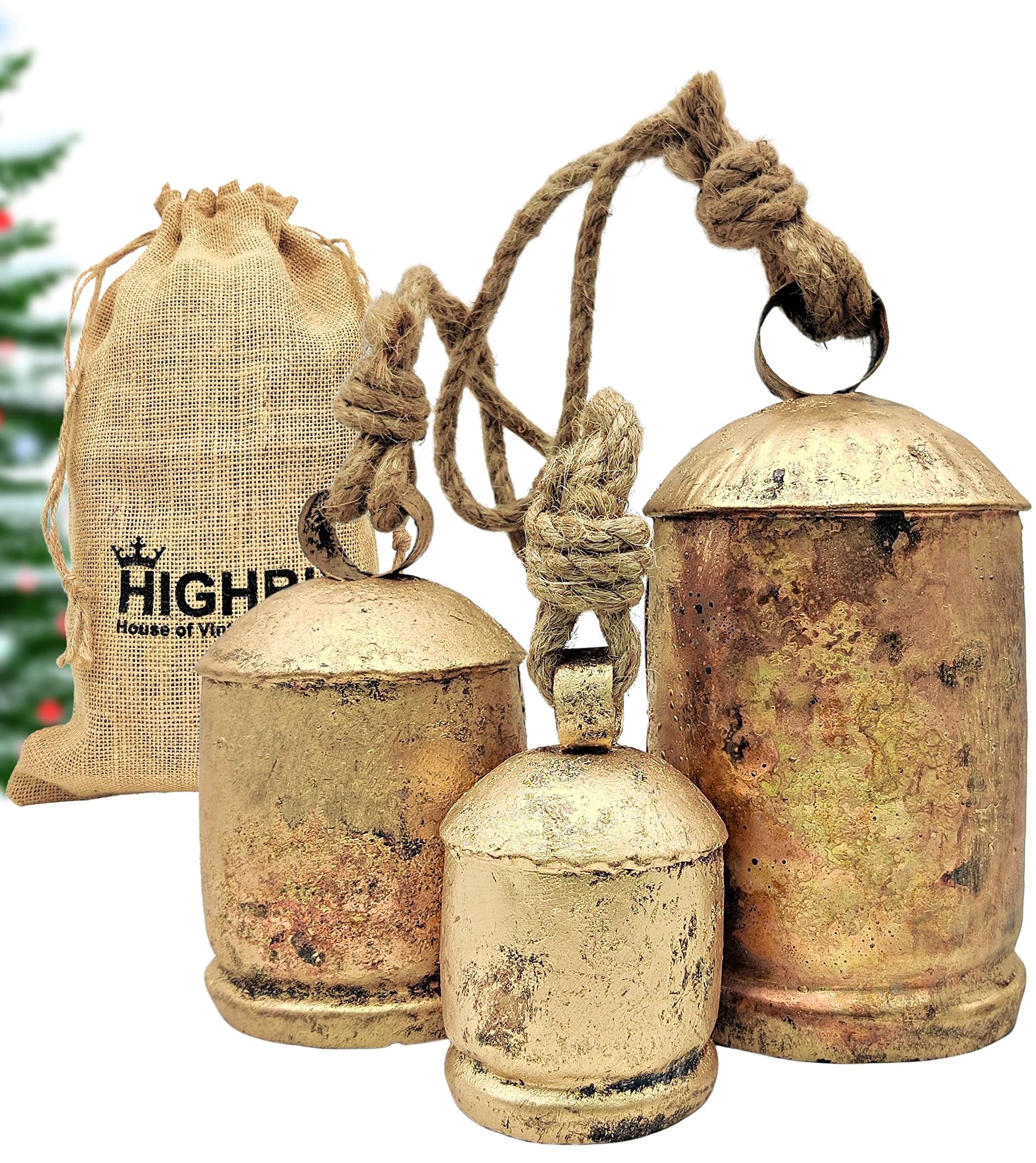 HIGHBIX Set of 3 Giant Harmony Cow Bells Huge Vintage Handmade Rustic Lucky Christmas Hanging XL Bells On Rope (Country Rustic, 