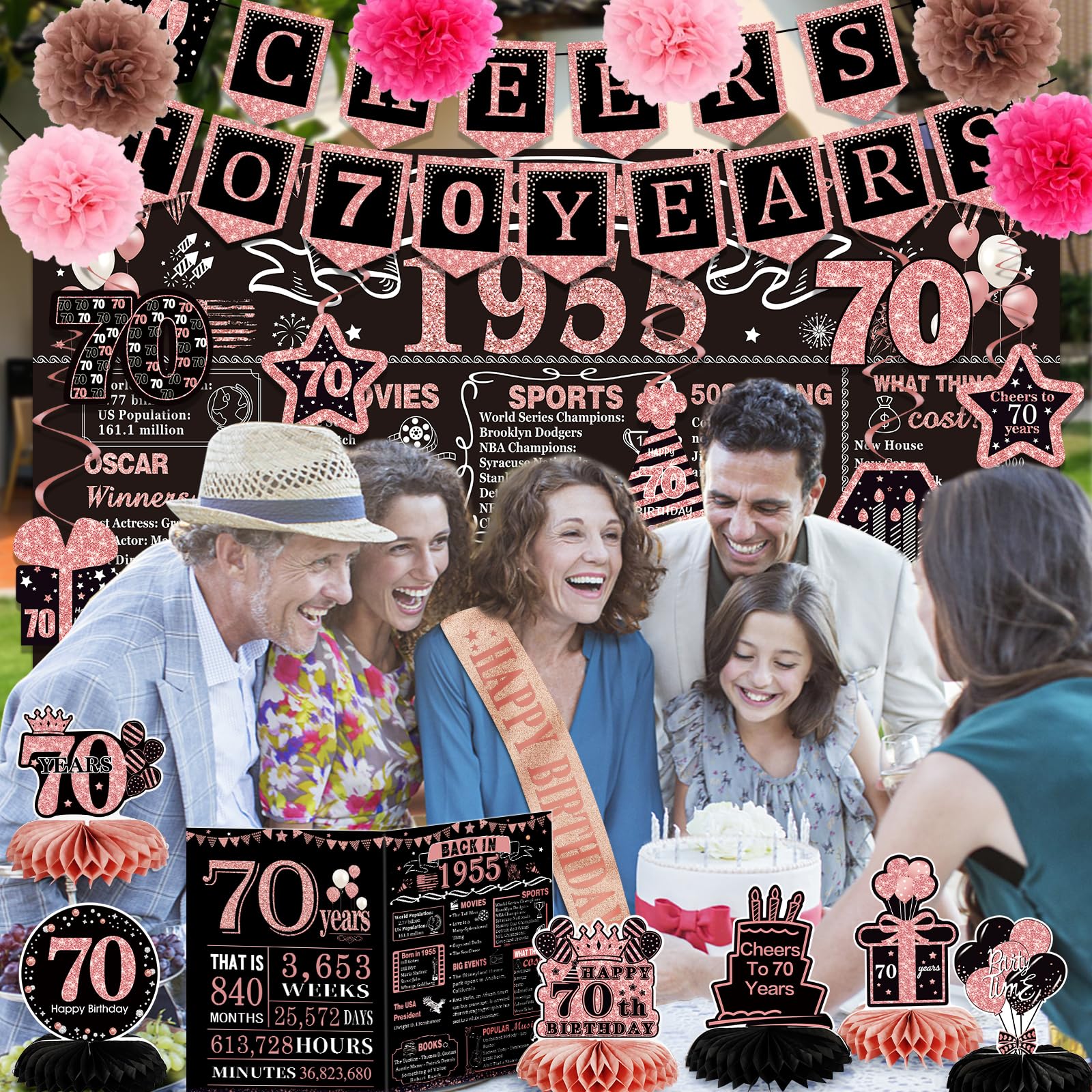 70Th Birthday Decorations For Women,24Pcs 1955 Banner Decorations,Including Banner,6 Honeycomb Topper,70 Balloons,Anniversary Ca