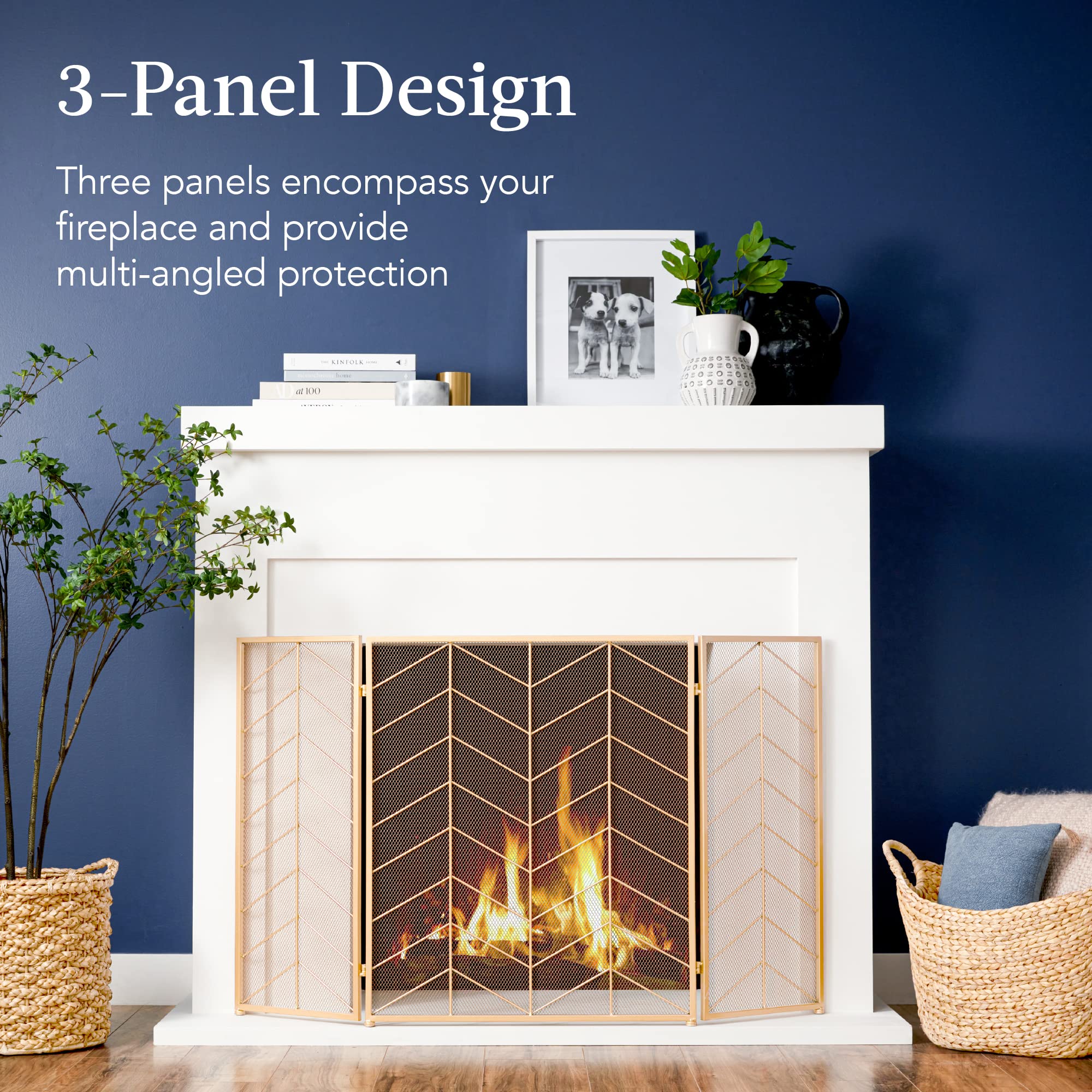Best Choice Products 52X31In 3 Panel Chevron Fireplace Screen, Mid Century Modern Wrought Iron Hand Crafted Fire Place Guard For