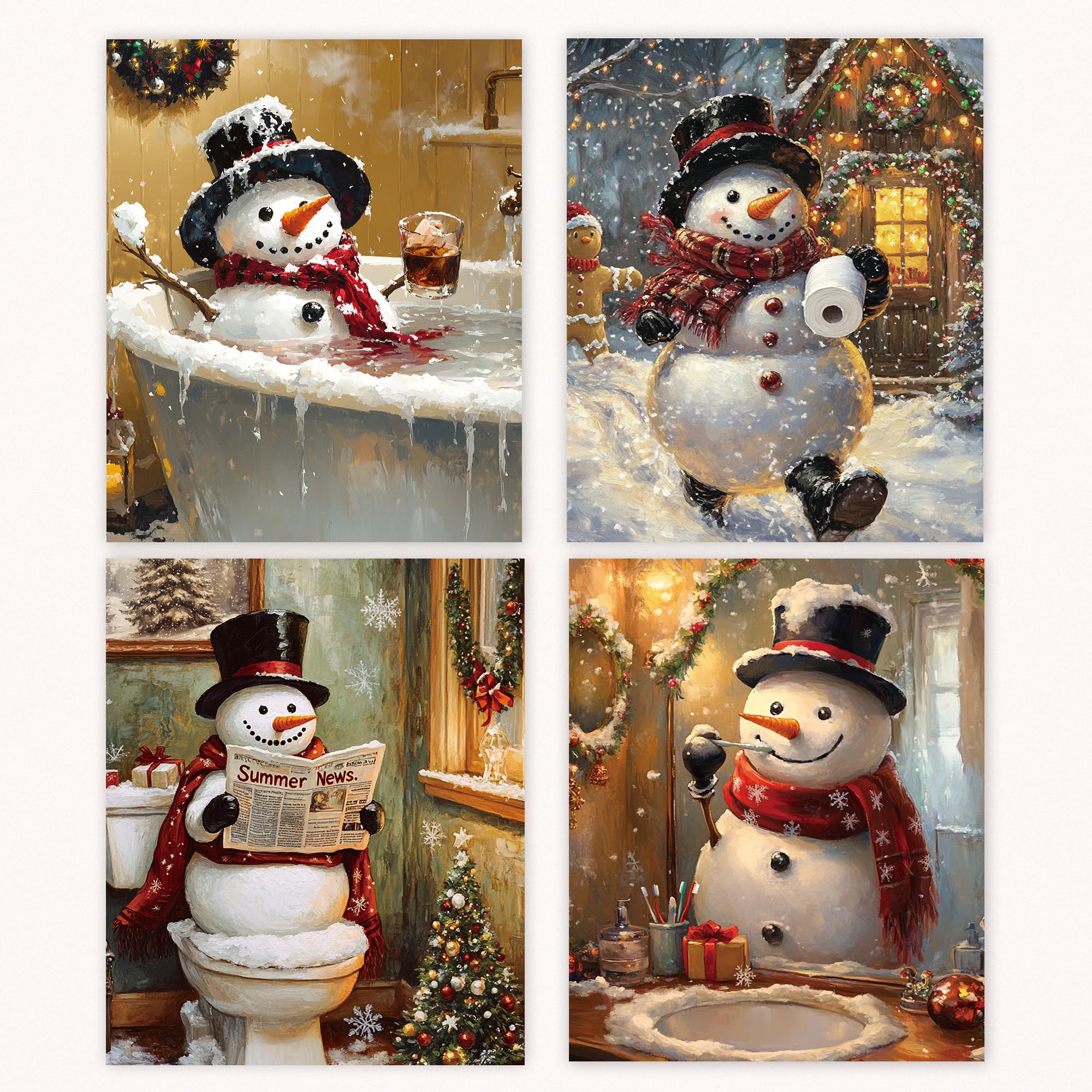 Poecinvi Funny Christmas Snowman Bathroom Wall Art Prints Set Of 4, Funny Christmas Winter Bathroom Decor, Snowman Winter Poster