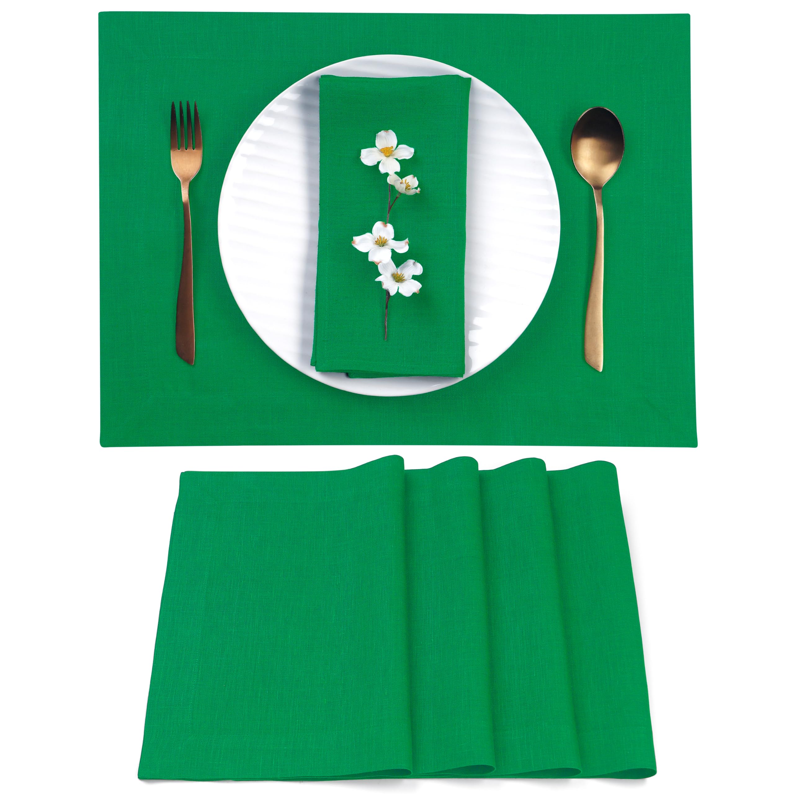 D'Moksha Homes Linen Placemats Set Of 4-100% Pure Linen Kelly Green Placemats 14 X 19 Inch - Washable Kelly Green Placemats For