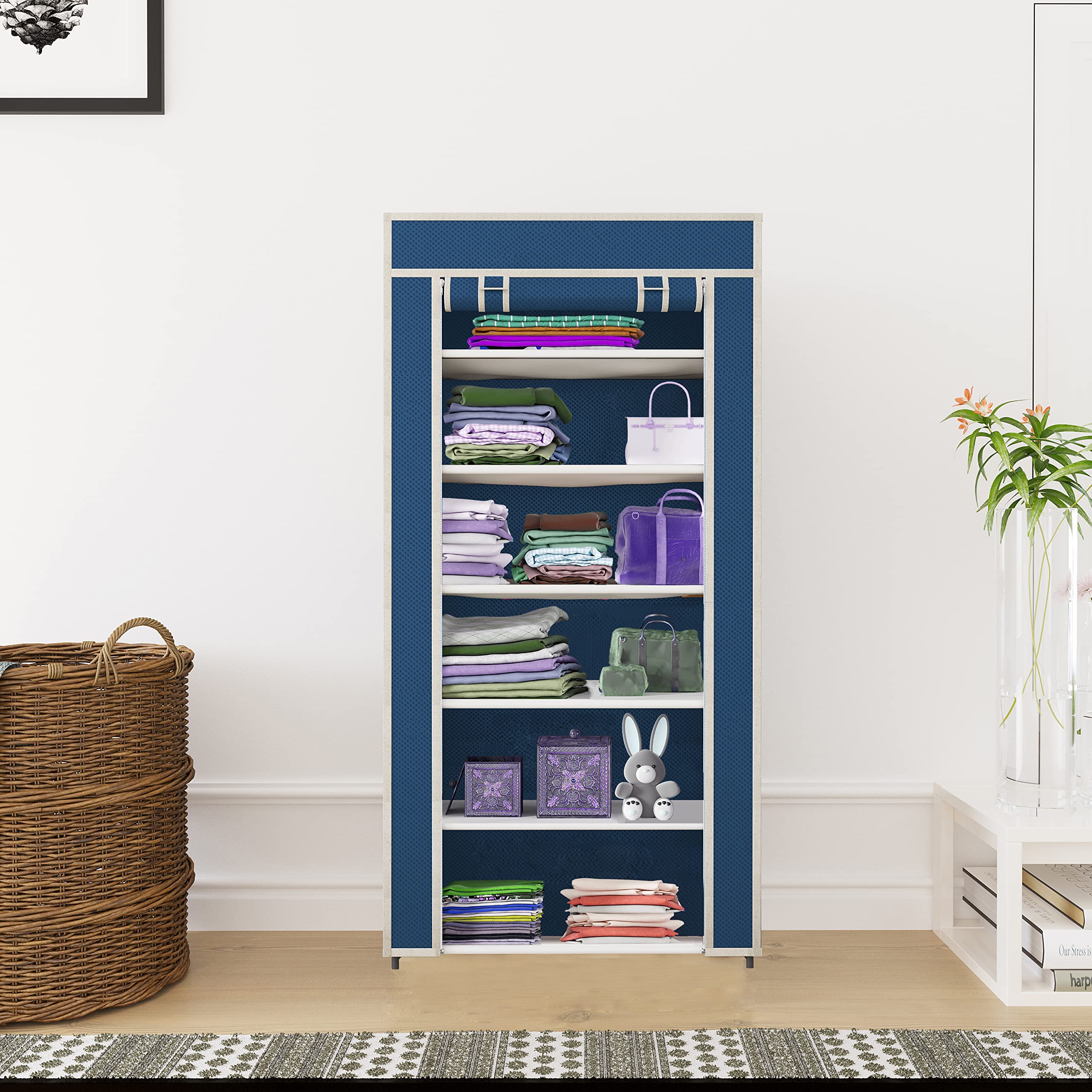 Gtc 6 Layer Collapsible Wardrobe Portable Foldable Closet For Clothes Almira 6 Shelves, 1 Side Pocket NonWoven Fabric (Blue)