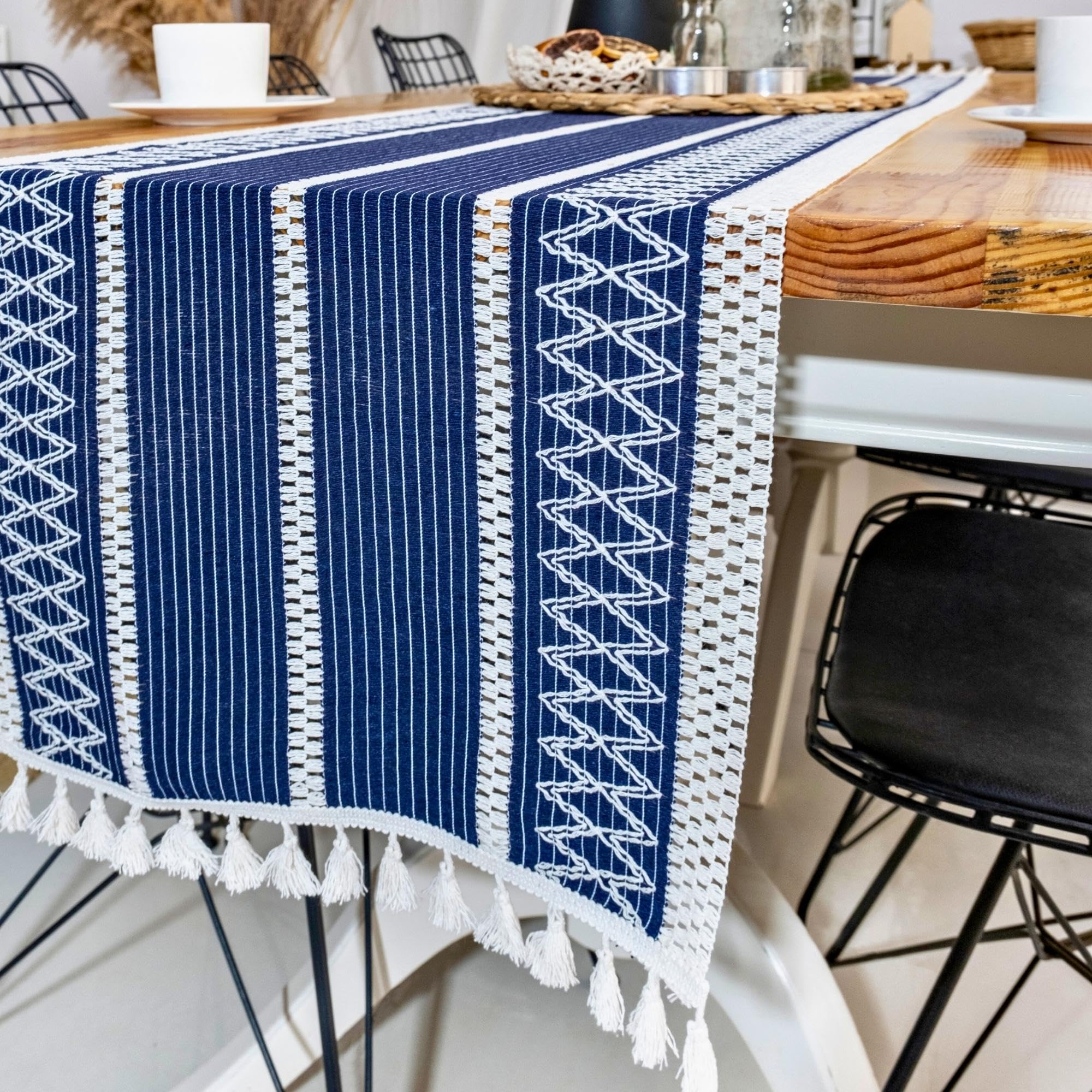 Boho Blue Table Runner 60 Inches Long, Farmhouse Rustic Table Runner Cream & Blue Macrame Table Runner With Tassel - Fall Decora