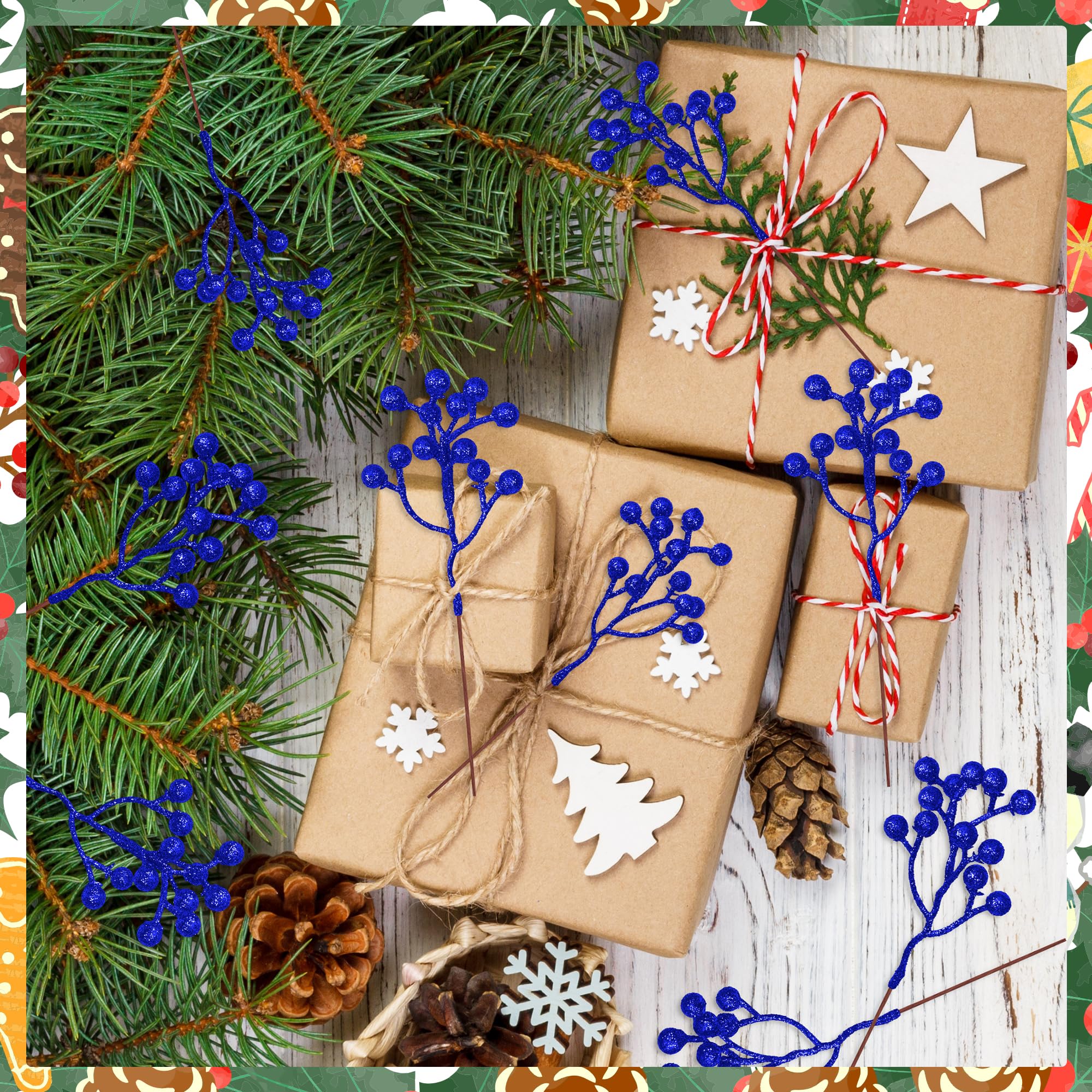 Vipay 24 PCS Christmas Tree Decor, 7.08 in Blue Berry Stems, Artificial Berry Picks Holly Berry Branches for Floral Decor Wreath