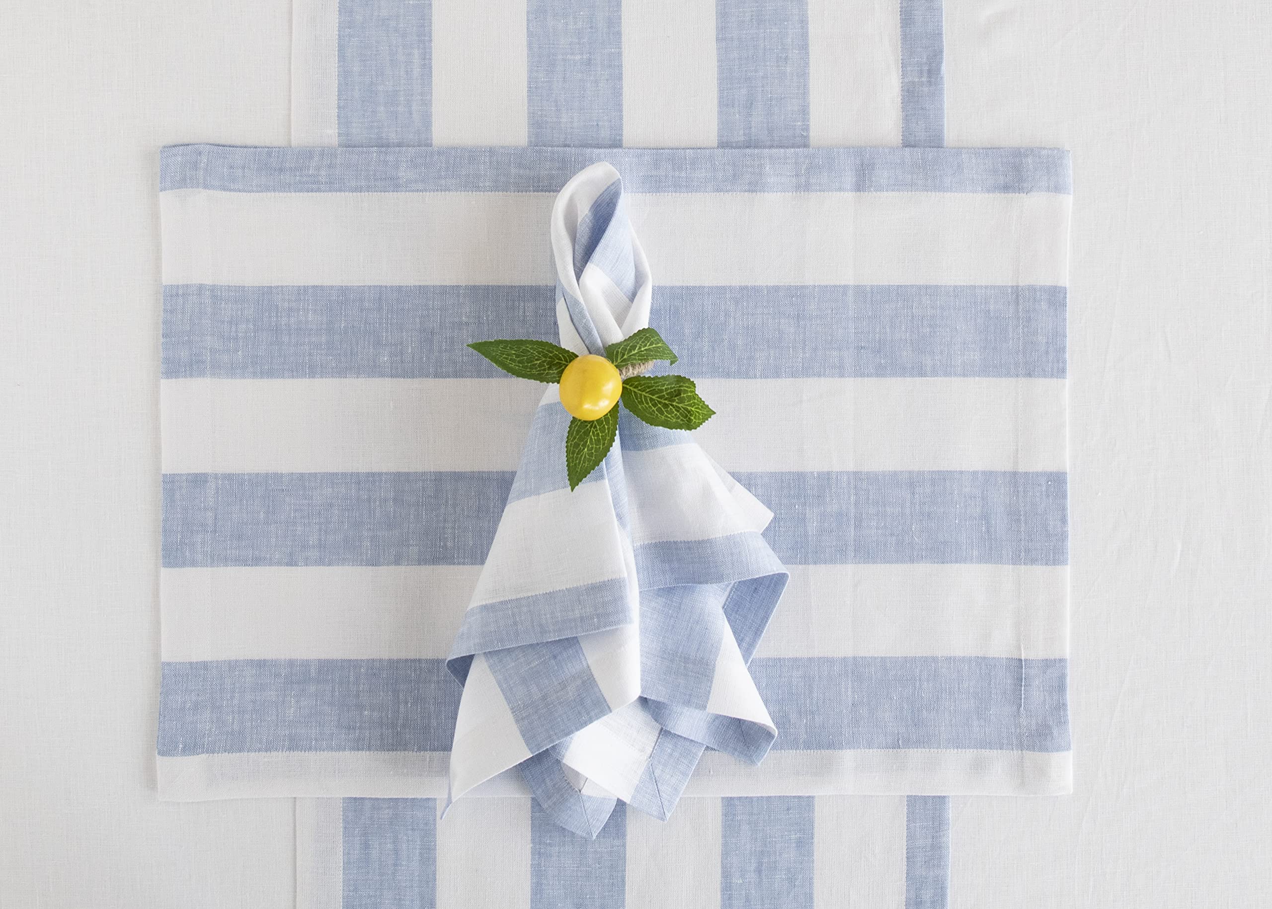 Solino Home Linen Easter Placemats 14 x 19 Inch - 100% Pure Linen Fabric Placemats for Spring  Summer - Cabana Stripe Sky Blue and White Tablemats Set of 4 - Handcrafted and Machine Washable