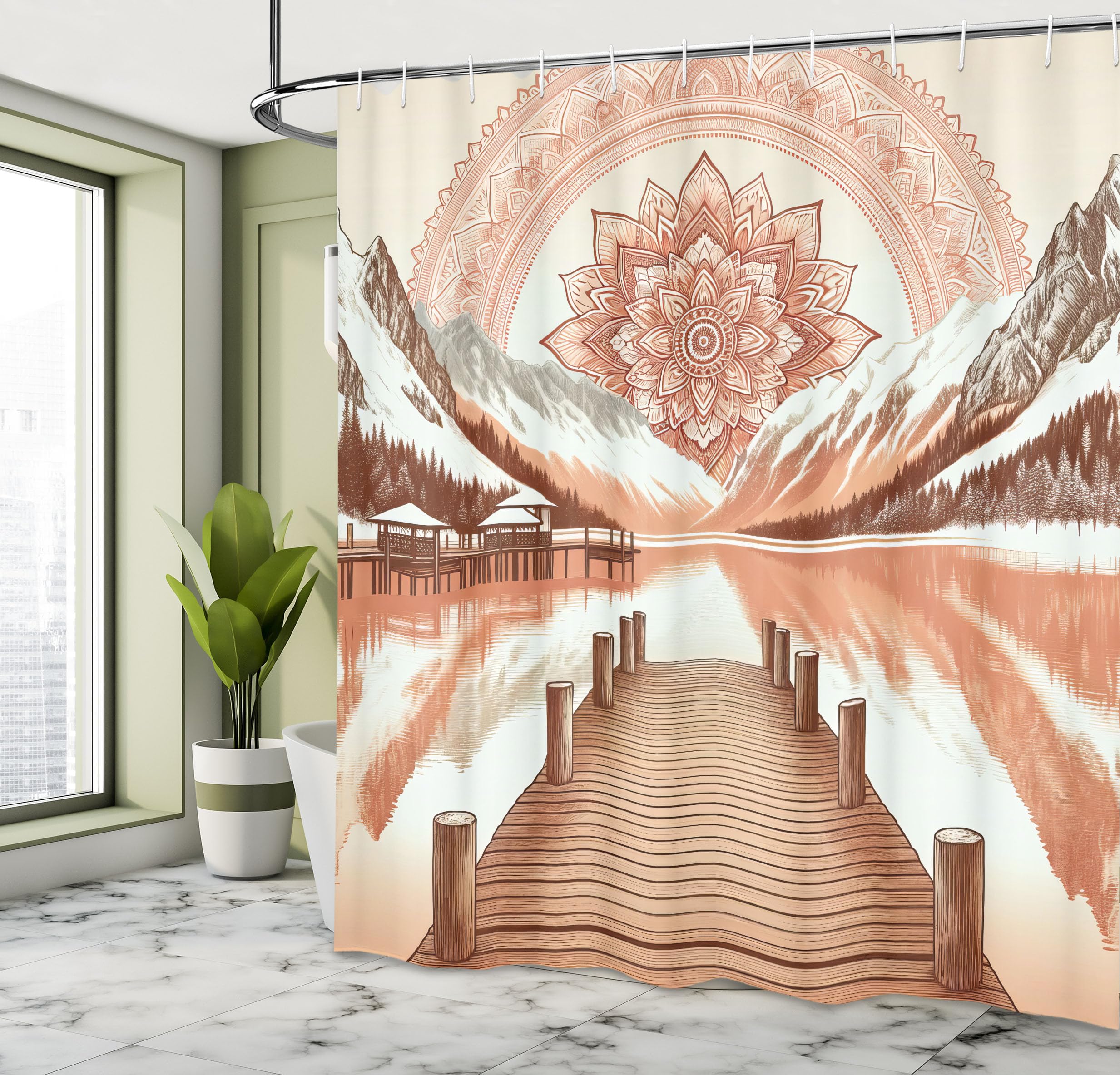 Ambesonne Lake Shower Curtain, Mountains Wooden Pier And Eastern Cultural Mandala In Peachy Colors, Cloth Fabric Bathroom Decor