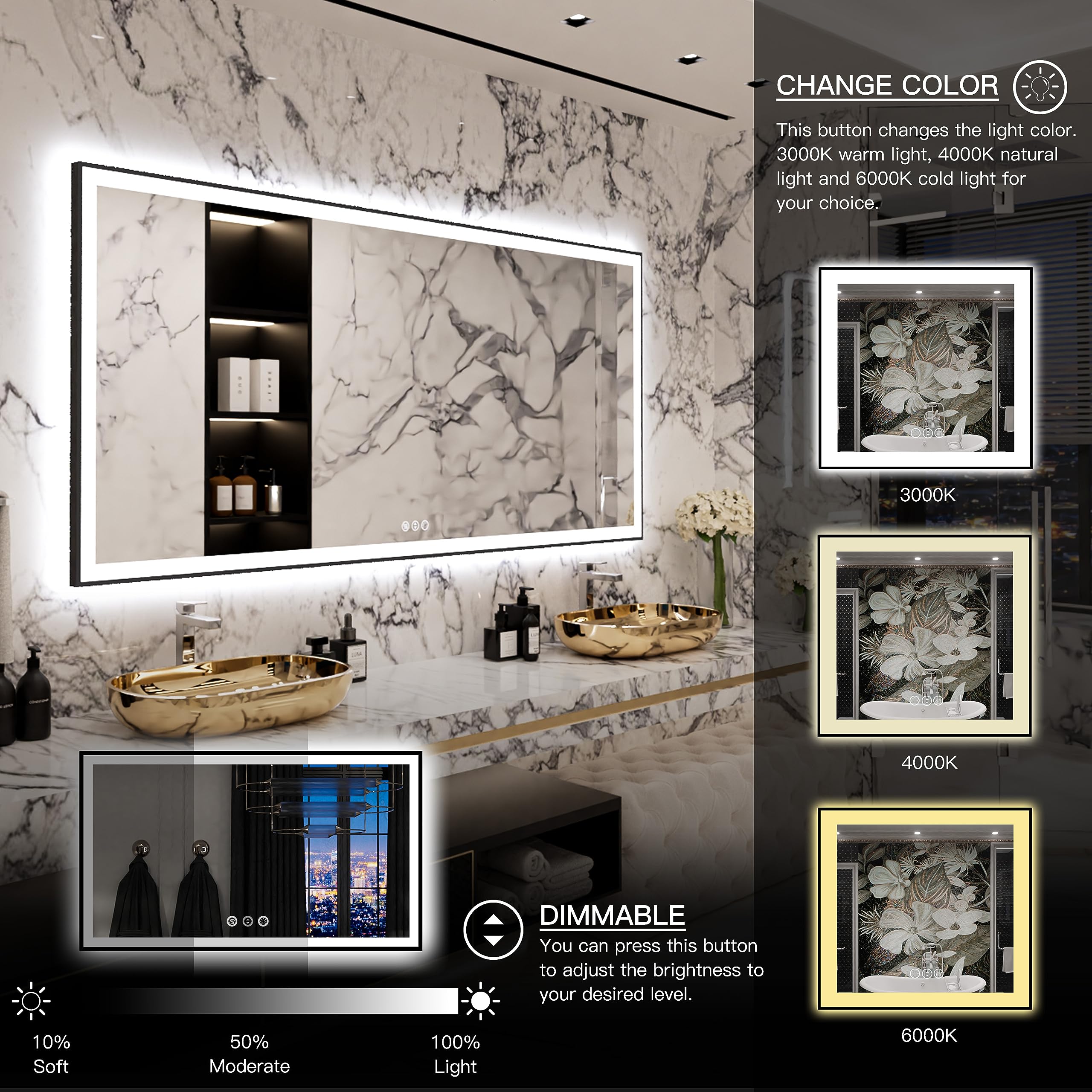 Yamazakura Large Light Bathroom Mirror 88X38 Backlit And Front Lighted Led Wall-Mounted Vanity Mirror Modern Rectangle Black Mir