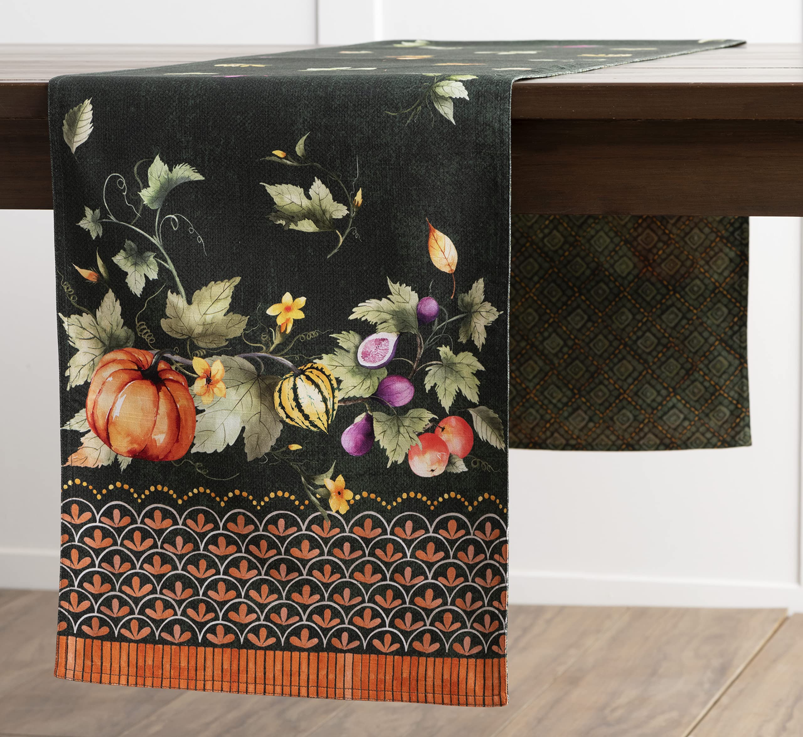 Maison D' Hermine Tablerunners 100% Cotton Decorative Tablerunner Table Cover, Holiday, Dinner, Pumpkin Garden - Dark Green (Dou