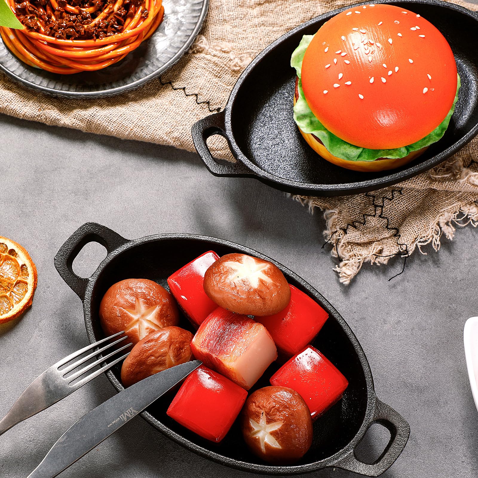 Mifoci 6 Pcs 16 Oz 8.7'' X 4.7'' Oval Serving Dish Mini Cast Iron Skillet Cast Iron Baking Pan Sizzling Plate Matte Black Gratin
