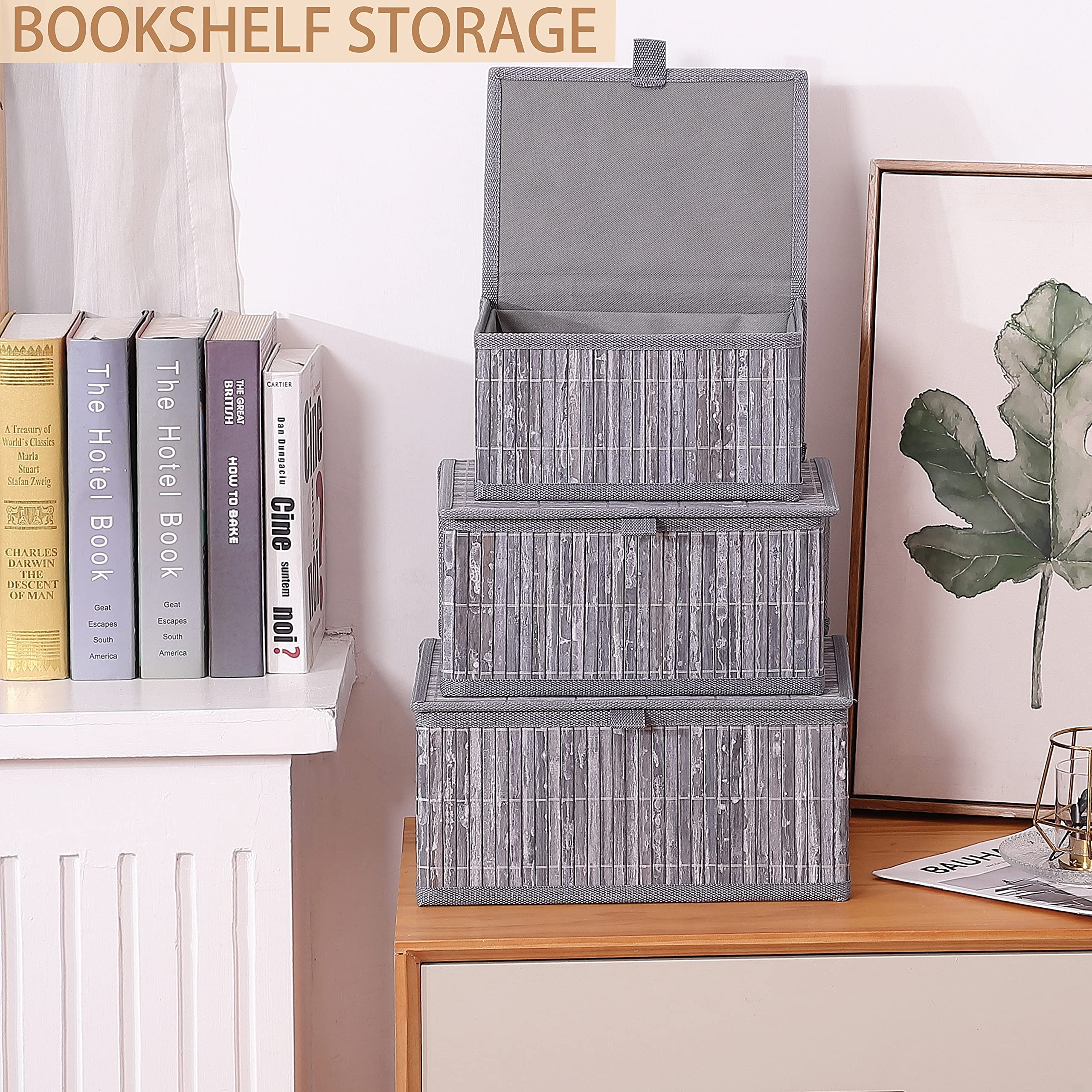 Honygebia Bamboo Decorative Storage Boxes - Set Of 3 Woven Lined Storage Basket With Lids, Grey Marble Wicker Lidded Baskets For