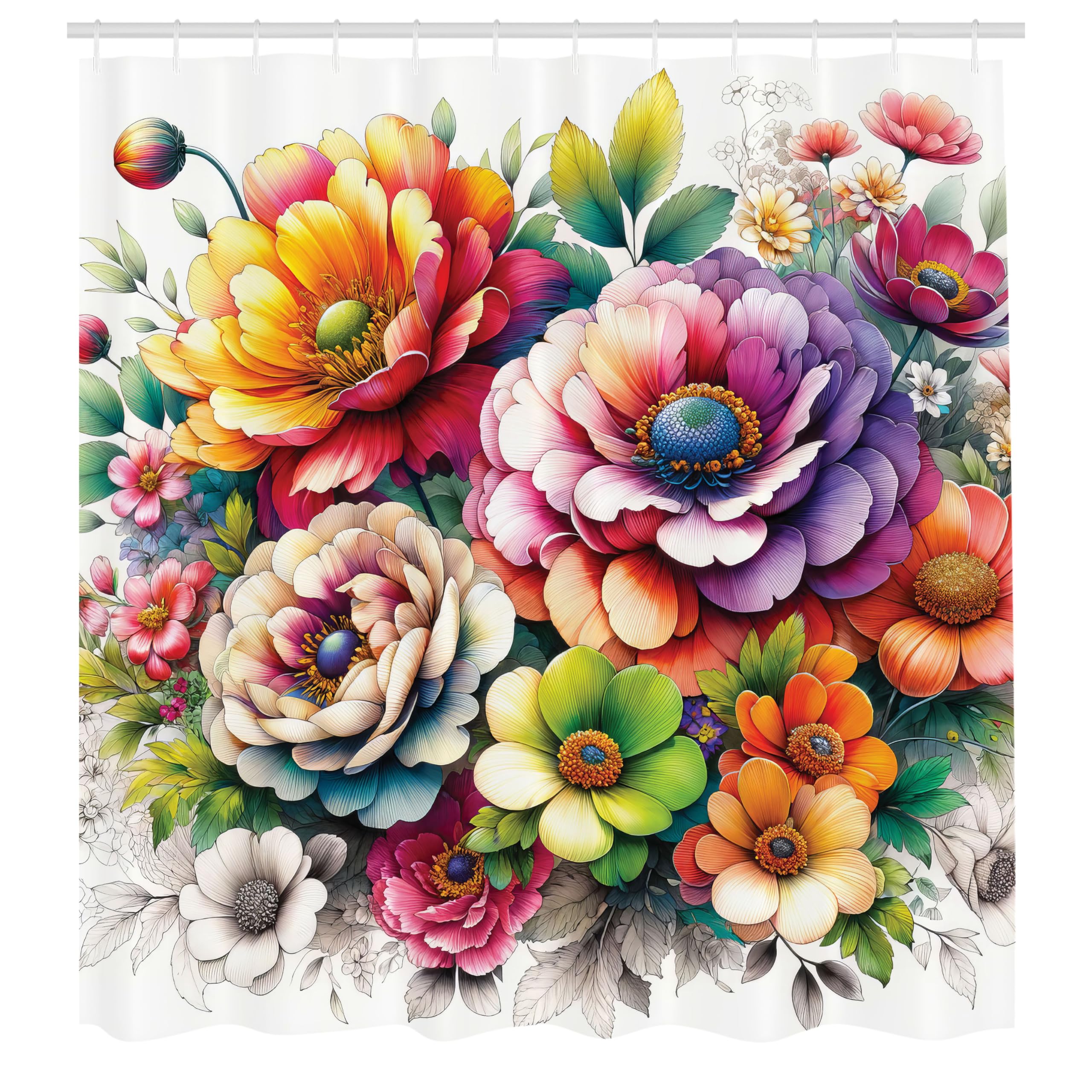 Ambesonne Colorful Shower Curtain, Springtime Huddle Of Peony Flowers With Jungle Boho Manners Chill Vibe, Cloth Fabric Bathroom