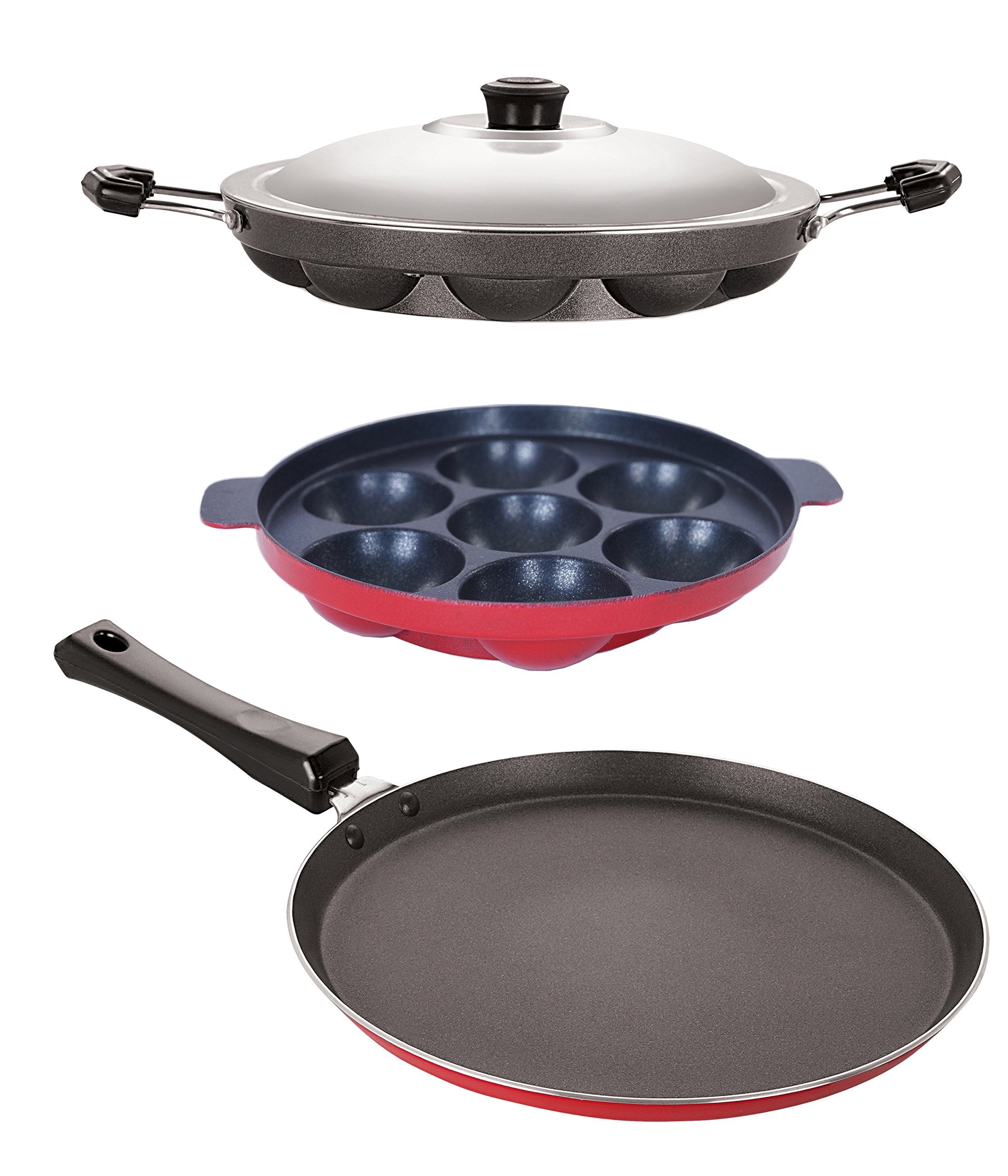 Nirlon NonStick Odor Free 3 Piece Gas Compatible Kitchenware Combo Set With Bakelite Handle, Red And Black Color