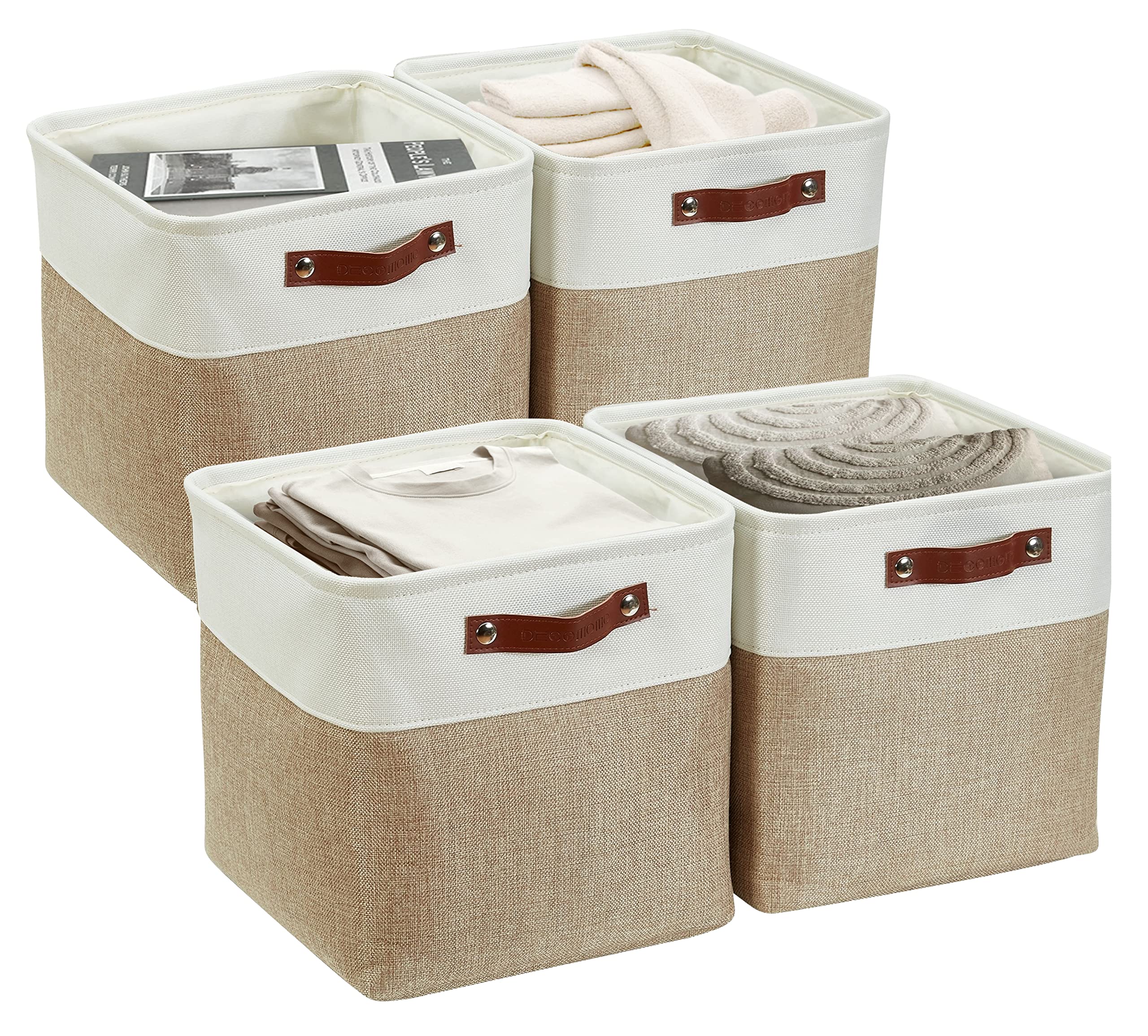 DECOMOMO Storage Cubes, 12x12 Storage Bins, Baskets for Shelves (Beige & White, Cube 12 - 4 Pack)