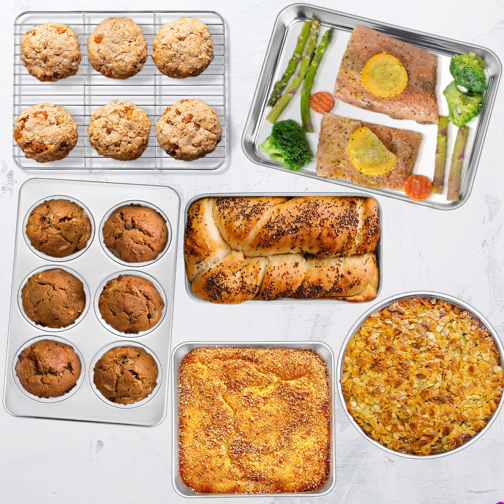 P&P Chef 6-Piece Small Toaster Oven Pan Set, Stainless Steel Bakeware Set, Toaster Oven Tray With Rack, Square/Round Cake Pan, L
