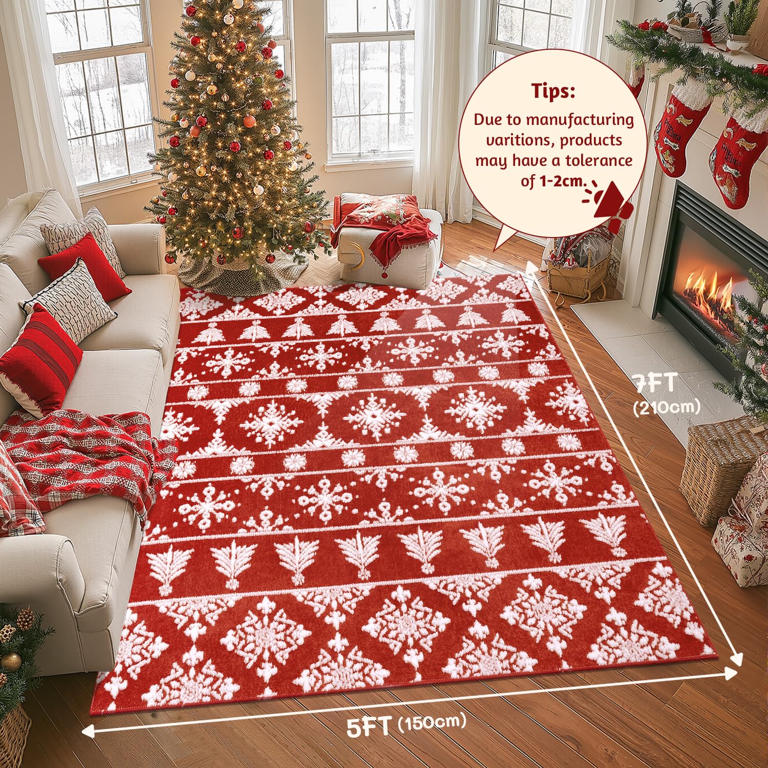 Findosom Christmas Area Rug 5x7, Fuzzy Soft Faux Wool Carpet with Snowflake & Tree, High-Low Pile Non-Slip Xmas Washable Rug for