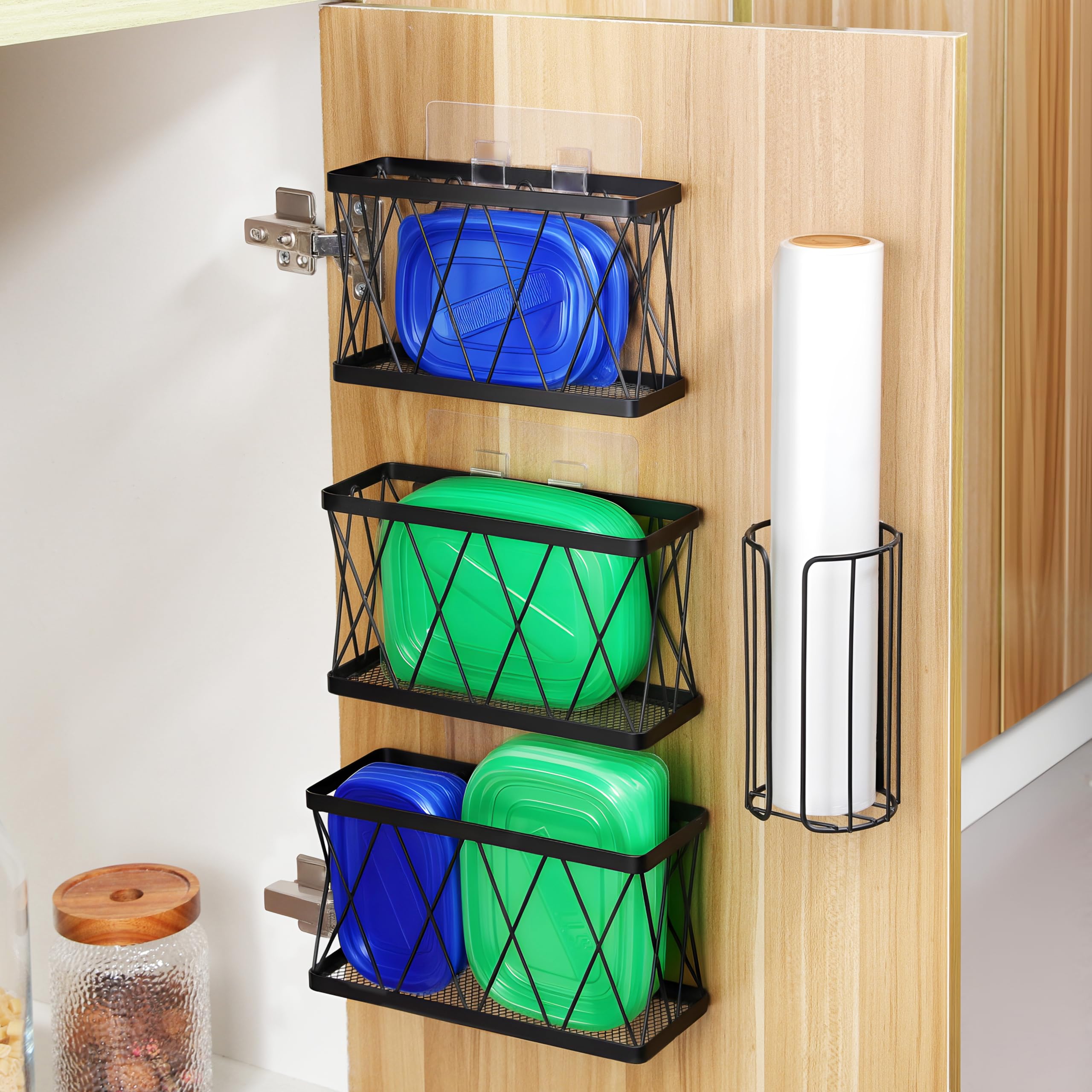 YIGII 3 Pack Adhesive Cabinet Organizer  Pantry Door Organizer Bin Holder for Tupperware Lid Kitchen, Black Stainless Steel