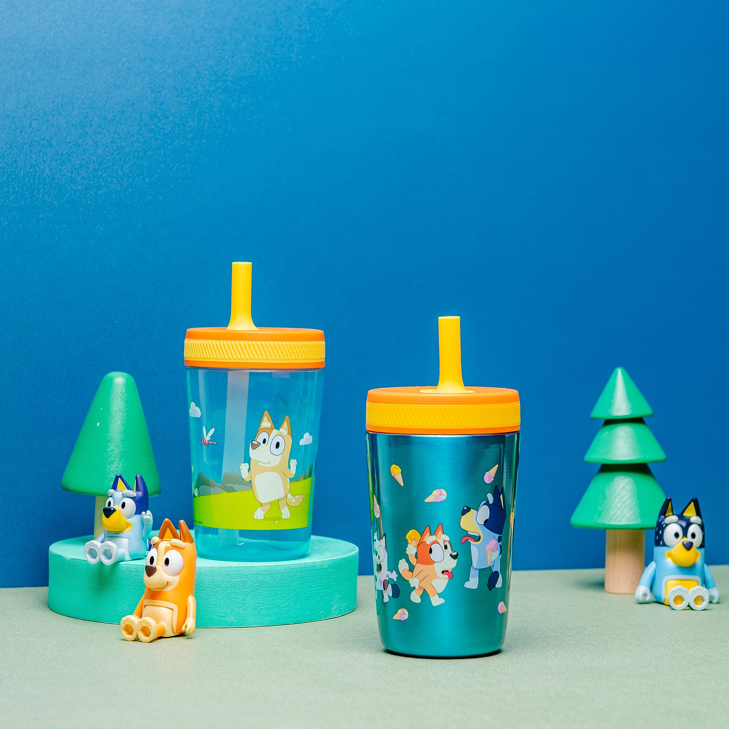 Zak Designs Bluey Kelso Tumbler Set, 15 Fl.Oz. Leak-Proof Screw-On Lid With Straw, Bundle For Kids Includes Plastic And Stainles