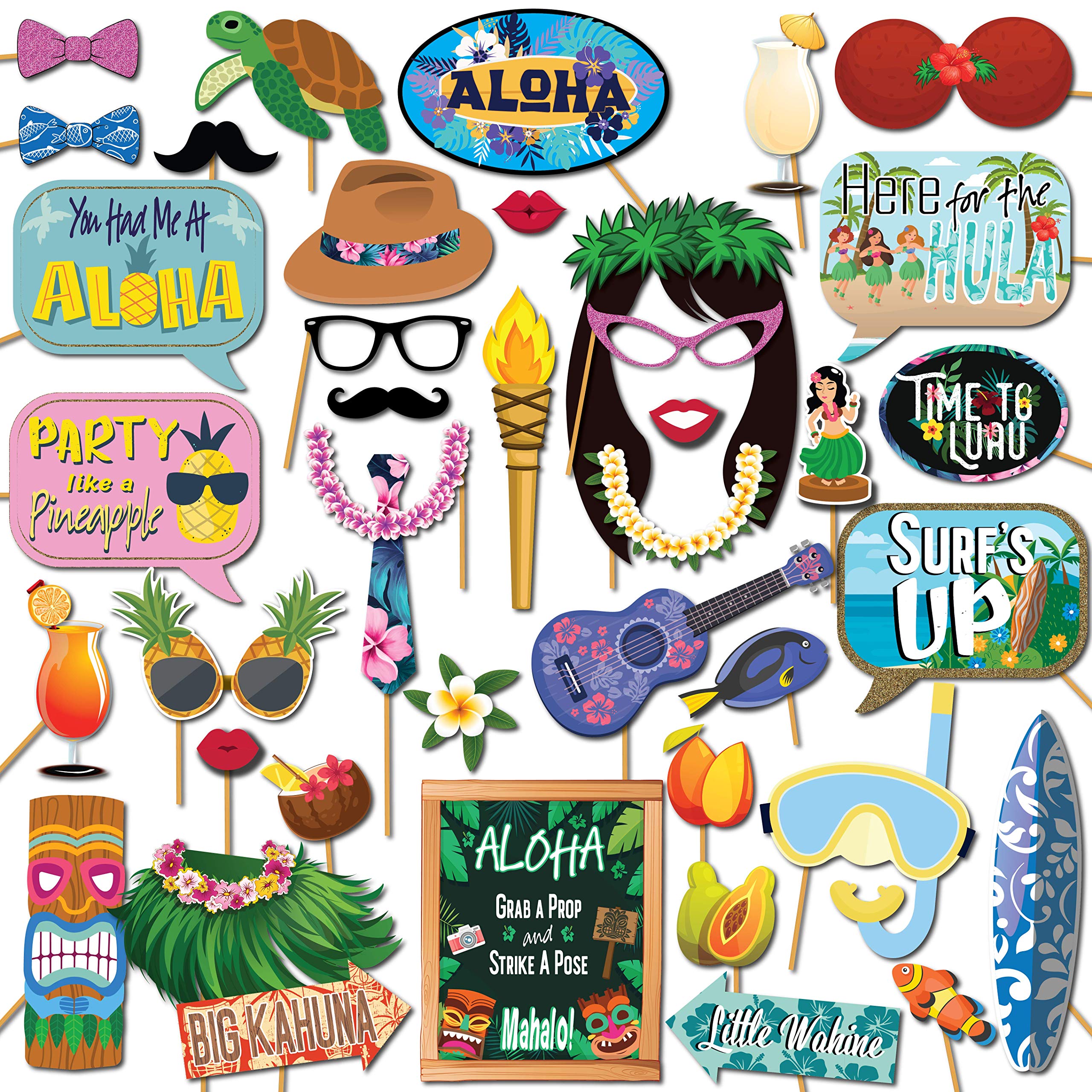 Hawaiian Luau Tropical Tiki Party Theme Photo Booth Props Decorations, 41 Pieces with Wooden Sticks and Strike a Pose Sign by Ou