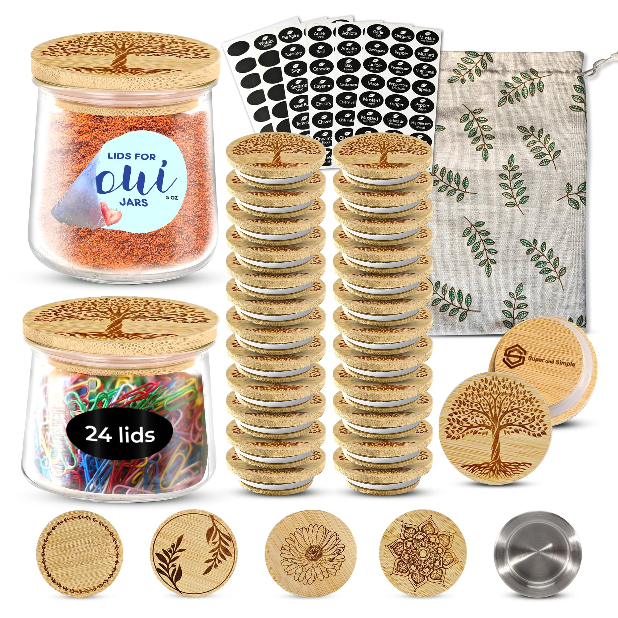 4-24 Lids Set |Tree Of Life Design Or Choose Another | Reusable Bamboo Wood Lids For Yoplait Oui Yogurt Jars With Airtight Seal
