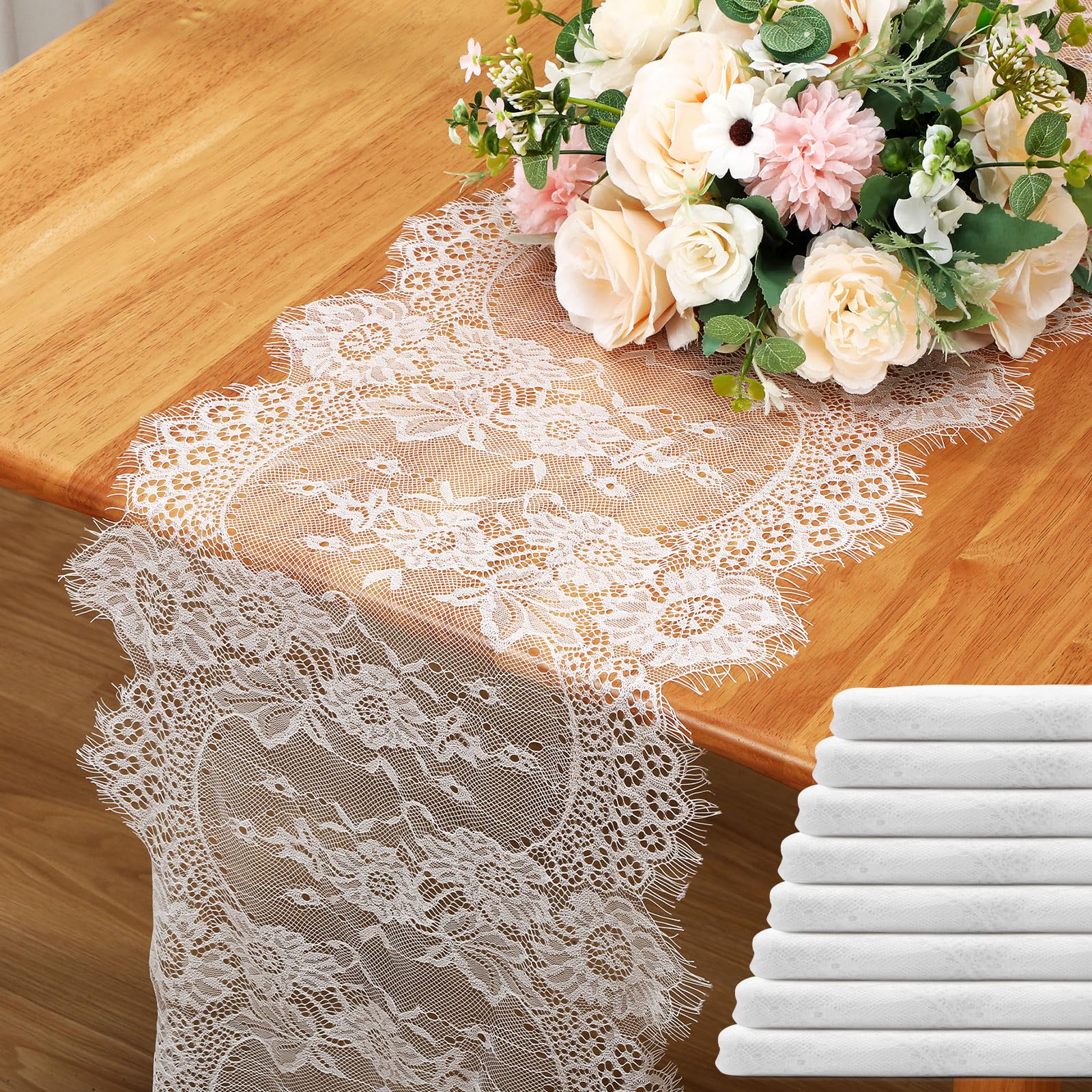 Coume 8 Pack Lace Table Runner 14 x 120 Inch White Rustic Lace Fabric Table Runners with Rose Embroidered Floral for Wedding Bri