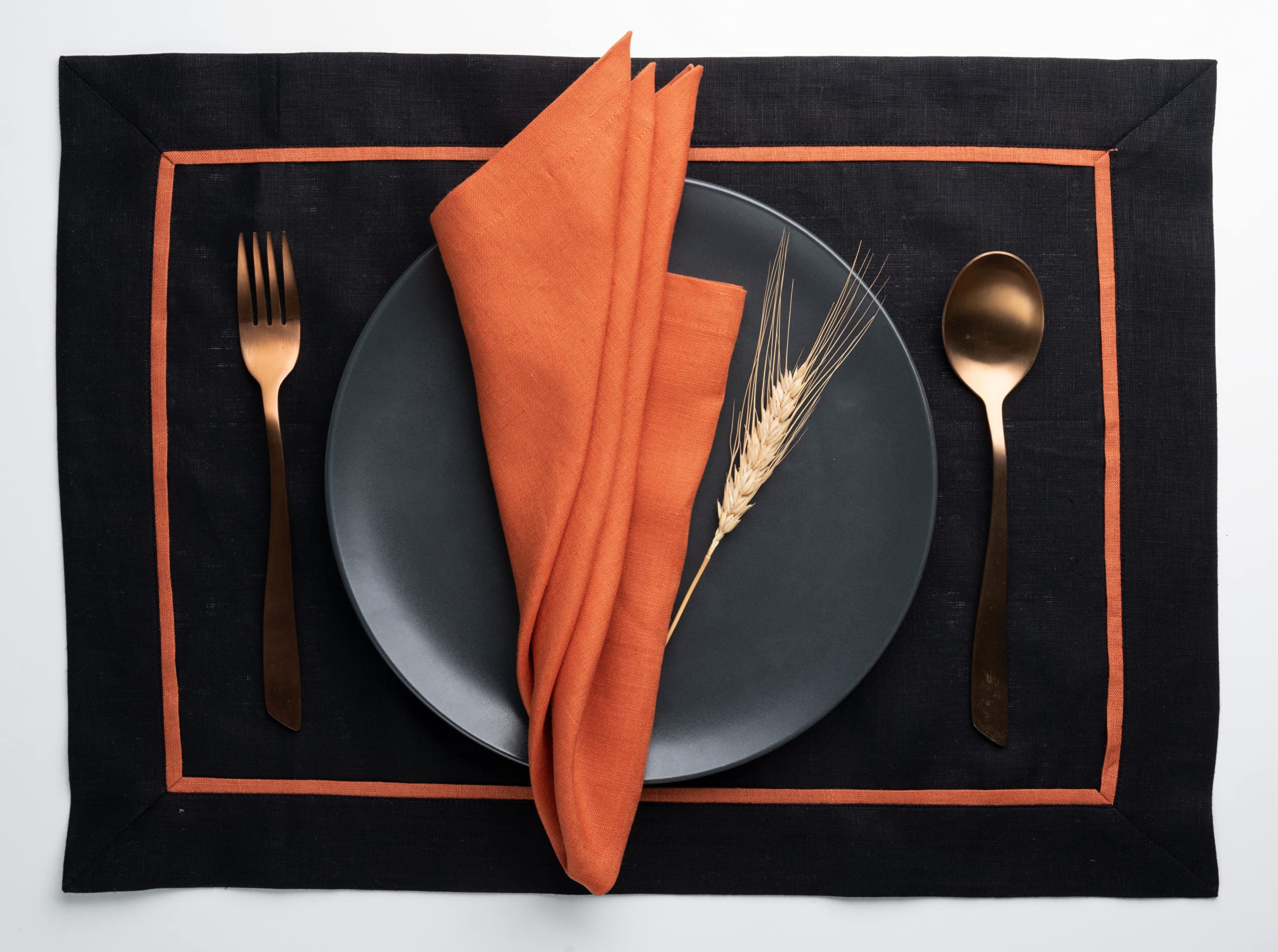D'Moksha Homes Black Linen Placemats With Pumpkin Trim, Set Of 4-14 X 19 Inch, 100% Pure Linen Fabric Placemats Black & Pumpkin,