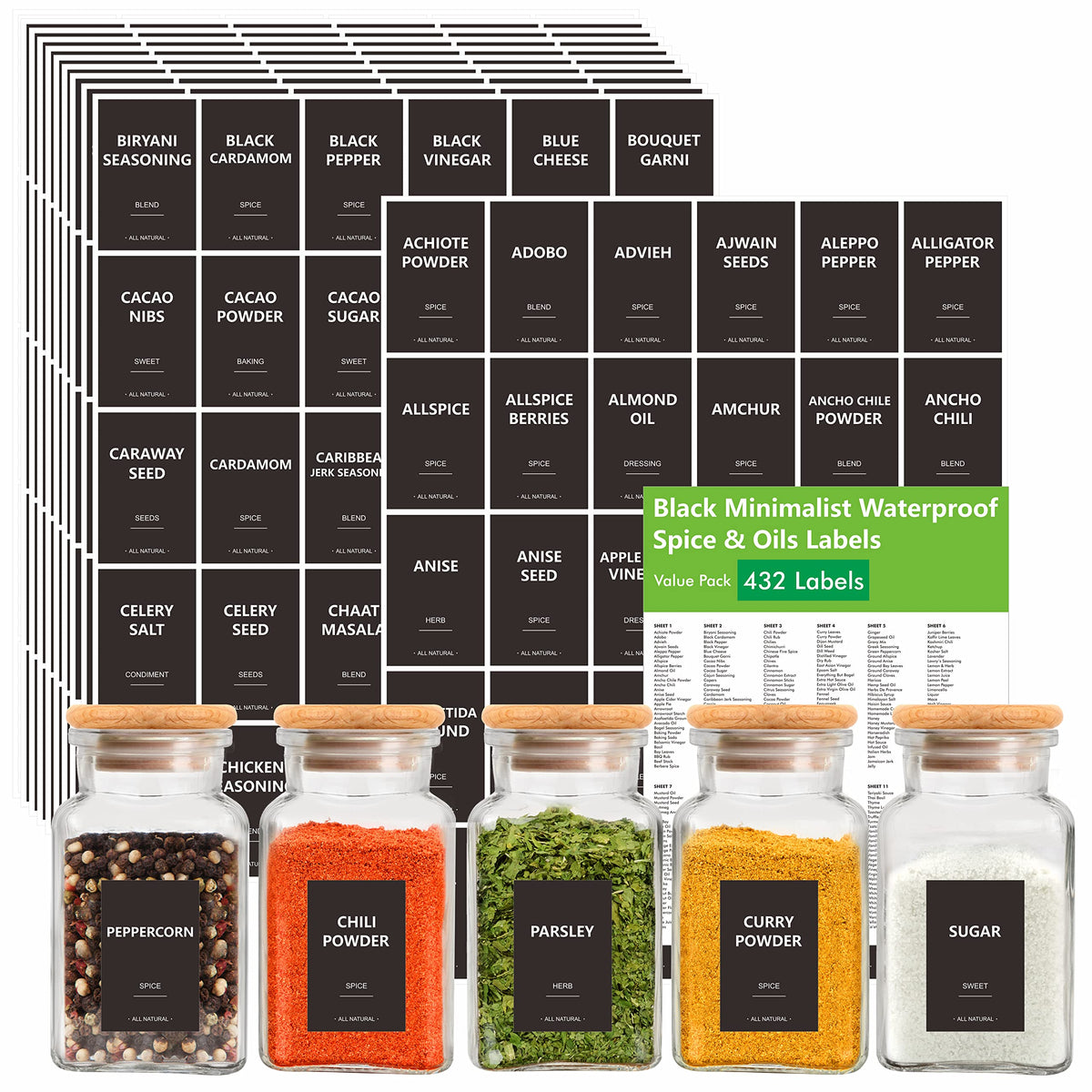 432 Removable Spice Labels, 396 Pre-Printed Herb Seed Seasoning Sauce Oil Vinegar Stickers, 36 Blank Ones, Waterproof Oil&Tear R
