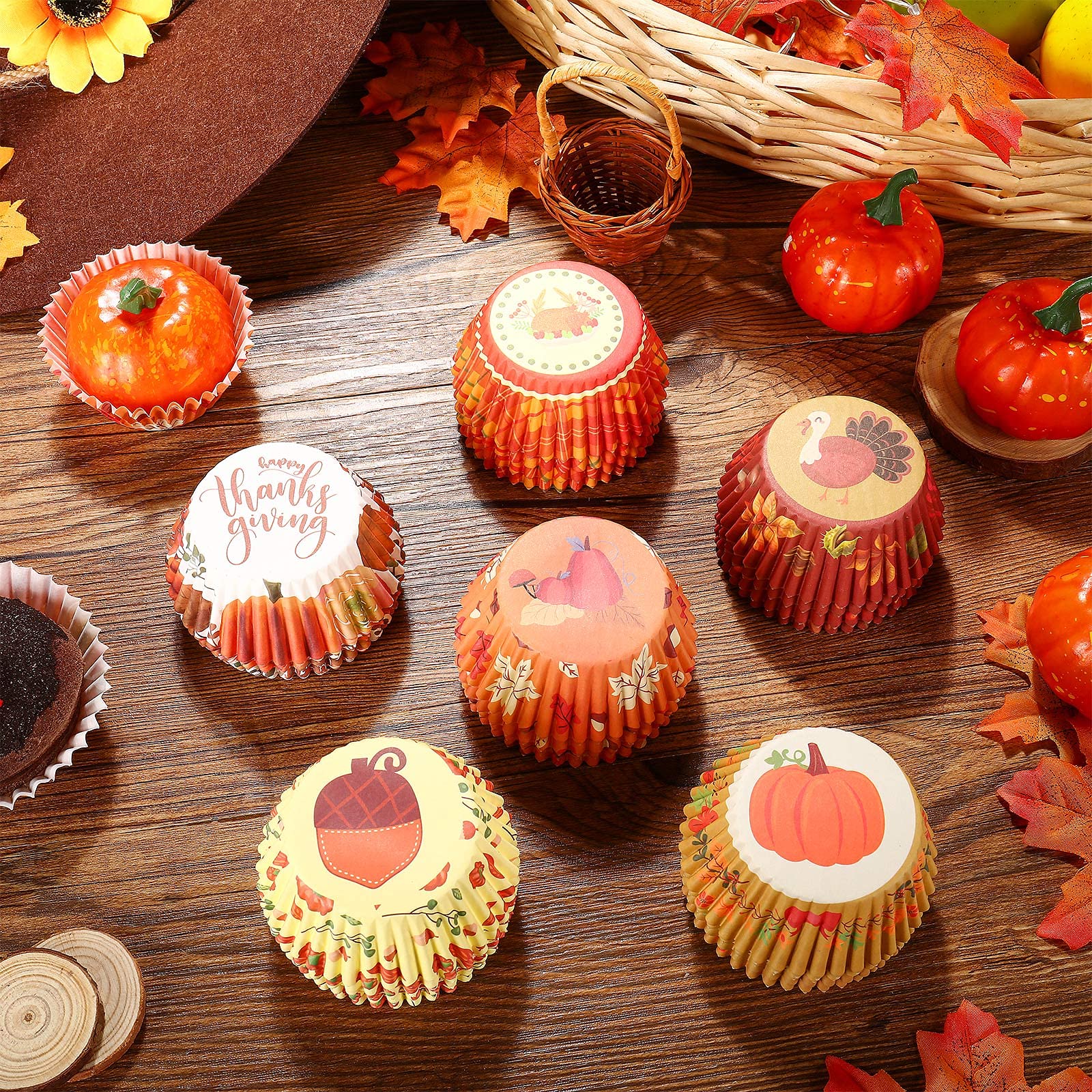 Zonon 600 Pcs Thanksgiving Cupcake Liners Pumpkin Turkey Maple Leaf Cupcake Paper Mini Baking Cups Fall Thanksgiving Muffin Line