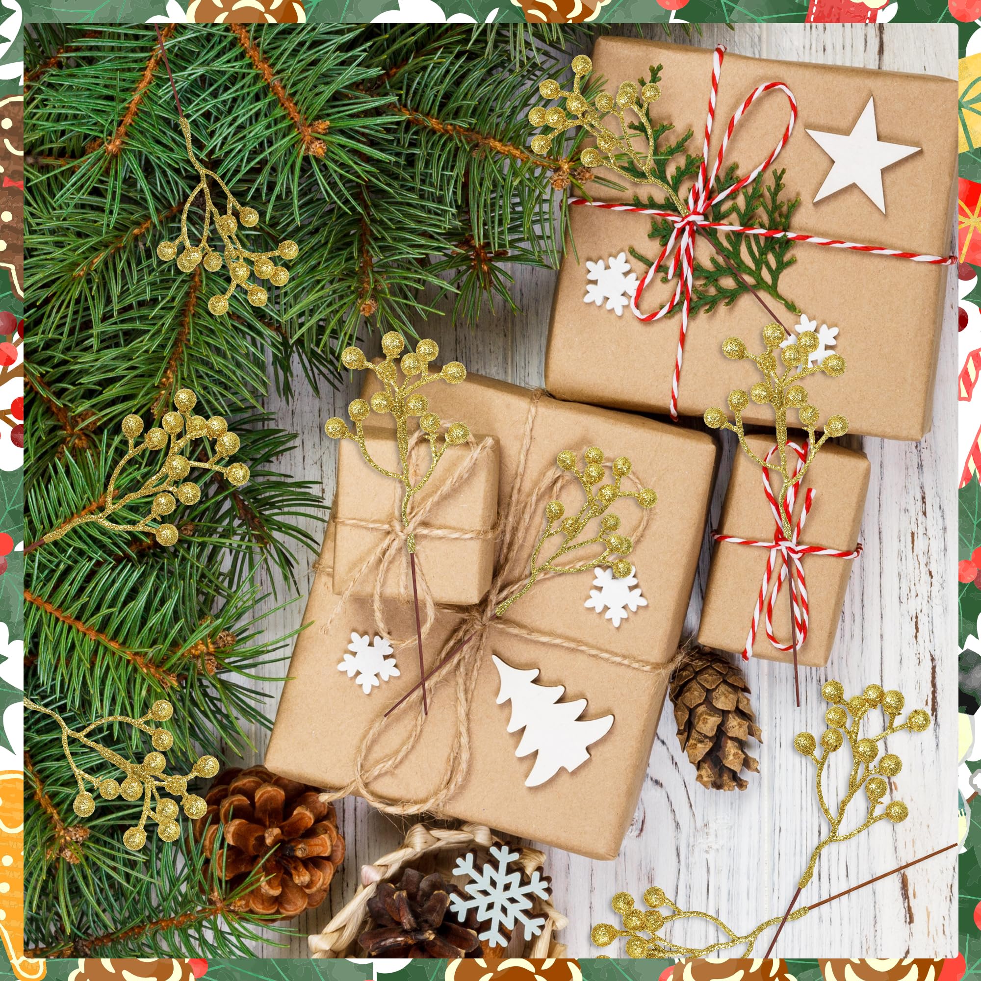 Vipay 24 PCS Christmas Tree Decorations, 7.08 in Gold Christmas Picks, Artificial Holly Berry Stems Berries Picks for DIY Flower