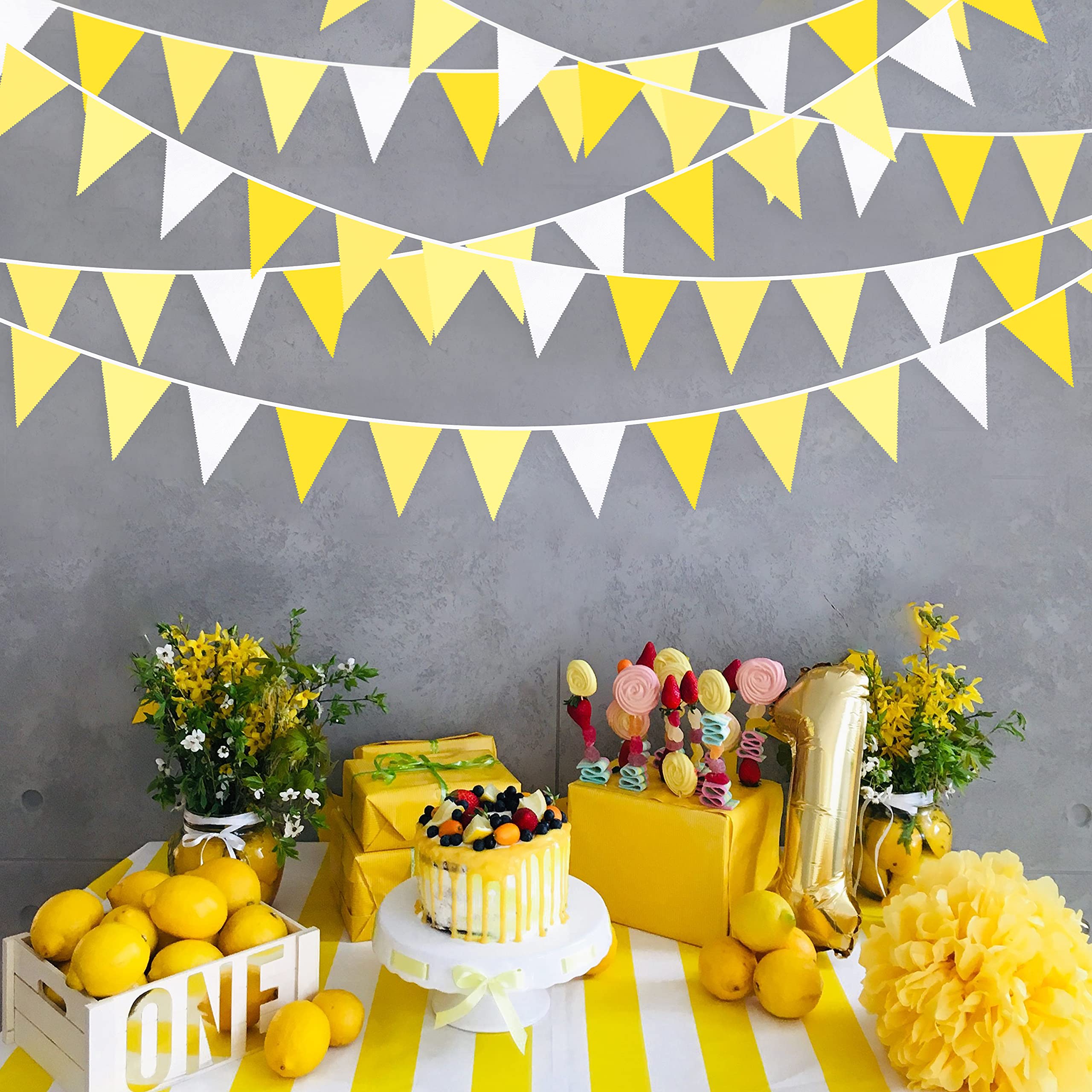 32Ft Yellow Party Decorations Yellow White Pennant Banner Fabric Triangle Flag Bunting Garland For Lemon Bee Sunflower Birthday