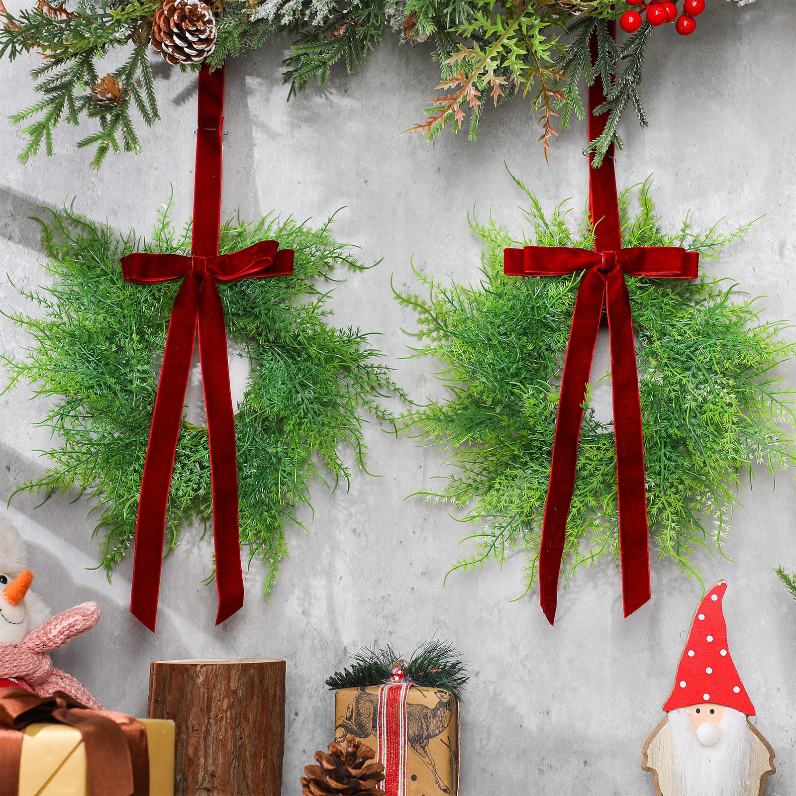 XunYee 6 Pack Small Christmas Wreath for Cabinet Home Kitchen Whimsical Decor with Velvet Bow 11 Persian Grass Lime Green Green