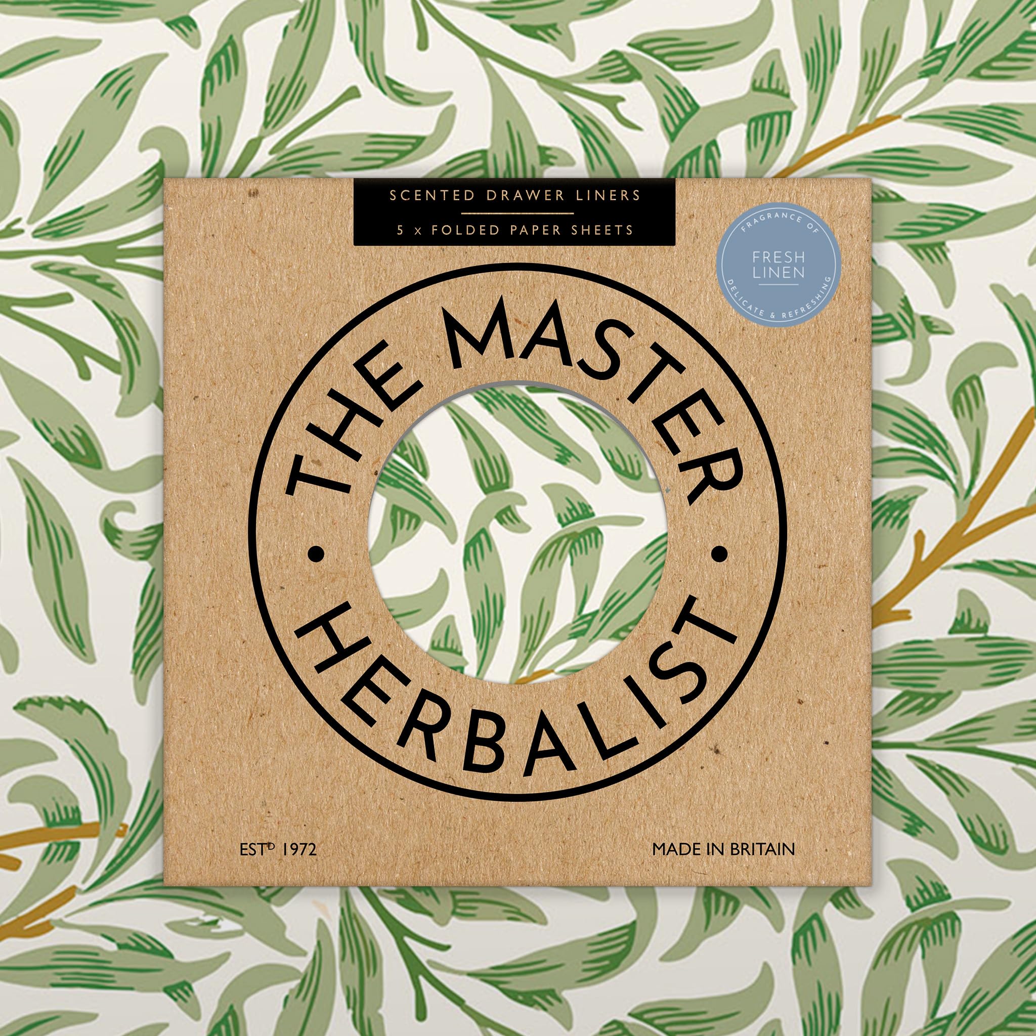 The Master Herbalist Fresh Linen Scented Drawer Liners in a William Morris Design (Folded) | Pack of 5 Sheets | Contains Essenti
