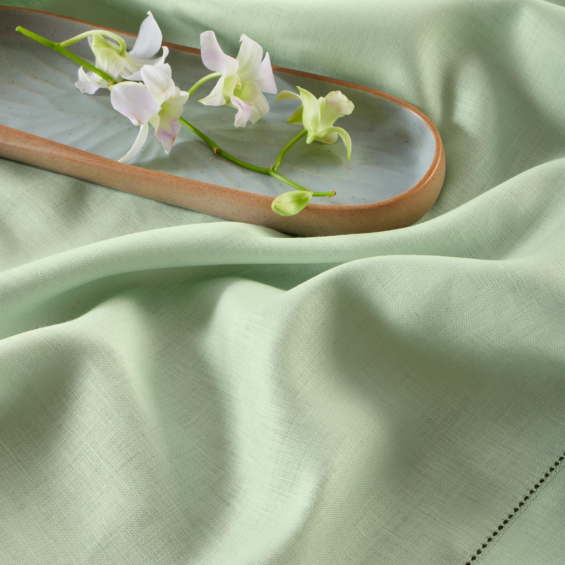 Solino Home Linen Light Green Table Runner 72 Inches Long - 100% Pure Linen Classic Hemstitch Dining Table Runner 14 X 72 Inch I