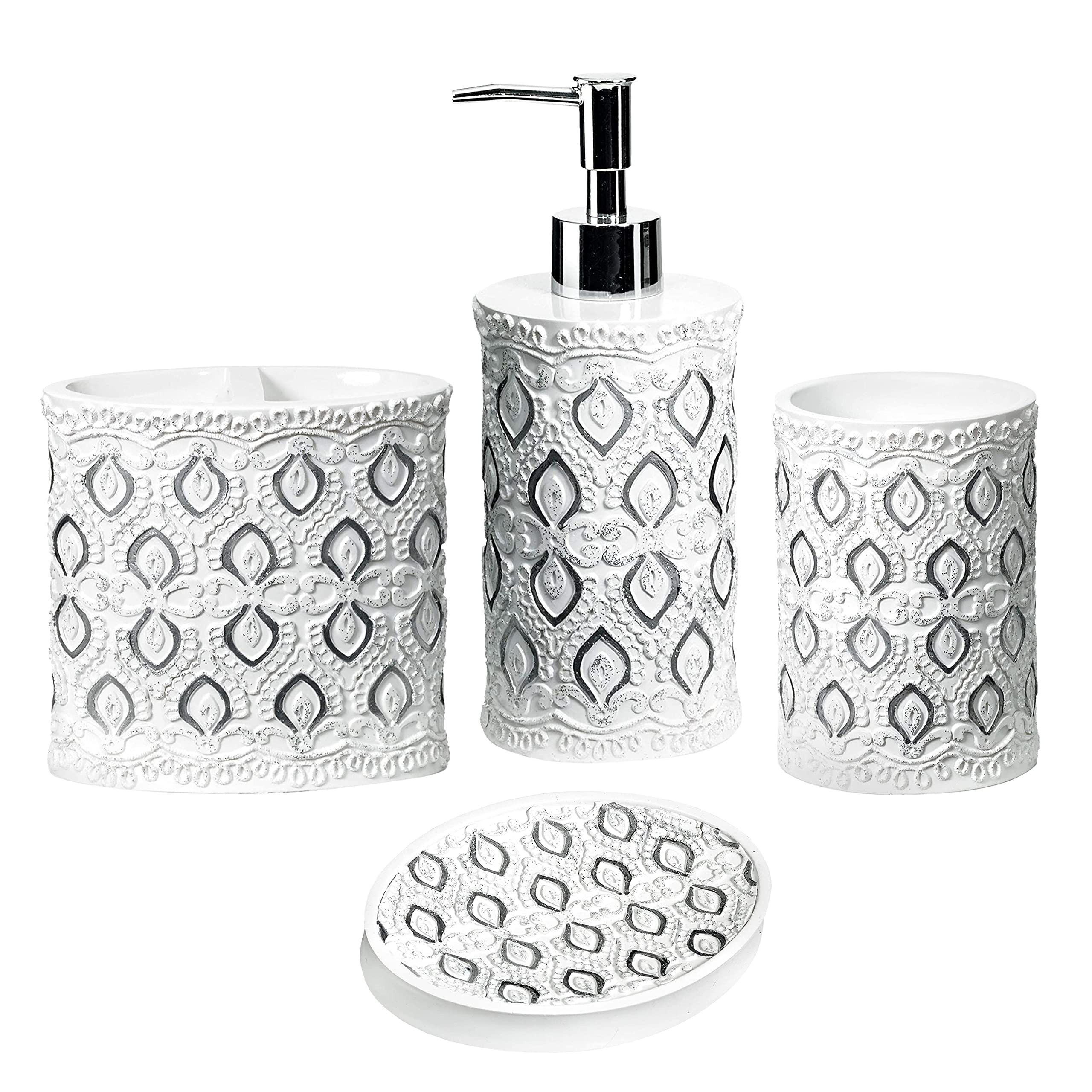 Zahari Home 4pc Monaco Stylish Bathroom Accessories Set Soap and Lotion Dispenser  Tumbler  Tooth Brush Holder and Soap Dish Modern Classic Luxury Contemporary Decor Unique Design Modern Bath Set