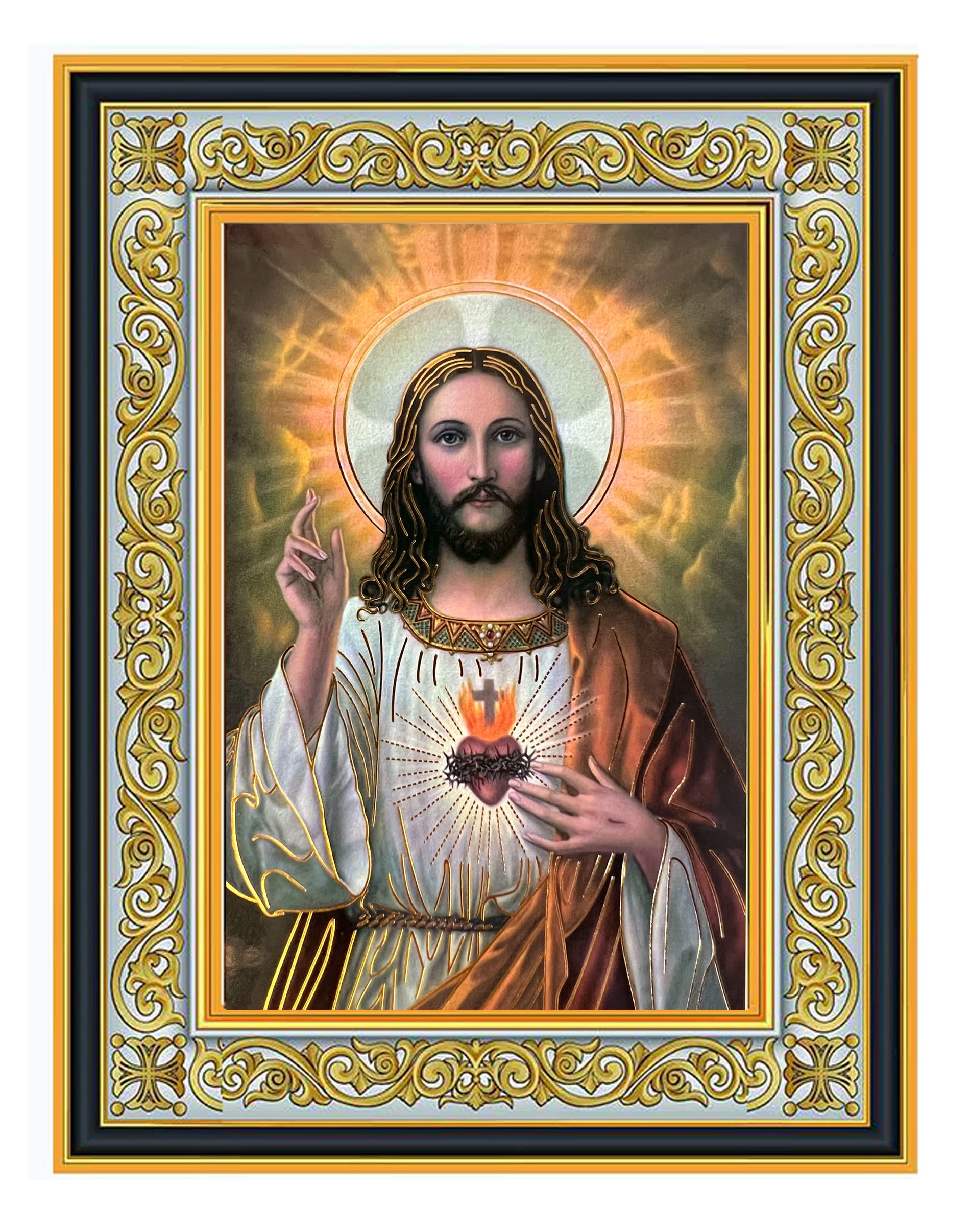 Needzo Jesus Christ Icon Sacred Heart of Jesus Icon Gold Foil - Framed Icon in Ornate Wooden Frame With Stand For Standing and H