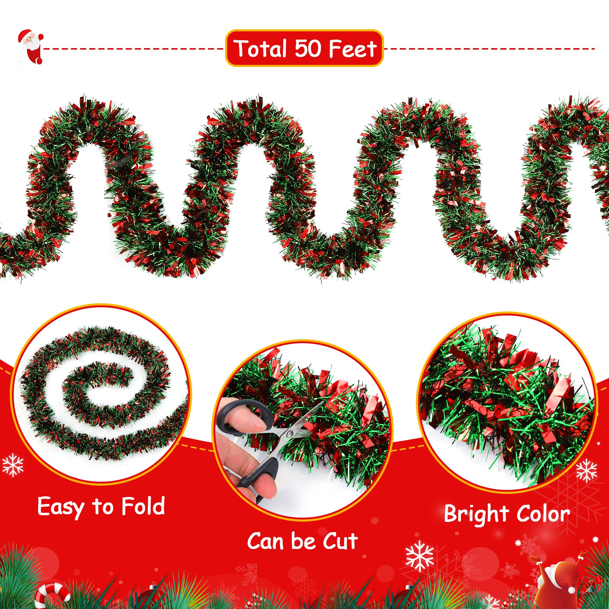 50Ft Red Green Christmas Tinsel Garland Xmas Tree Decorations Metallic Glitter Tinsel Twist Hanging Garland for Indoor Outdoor C