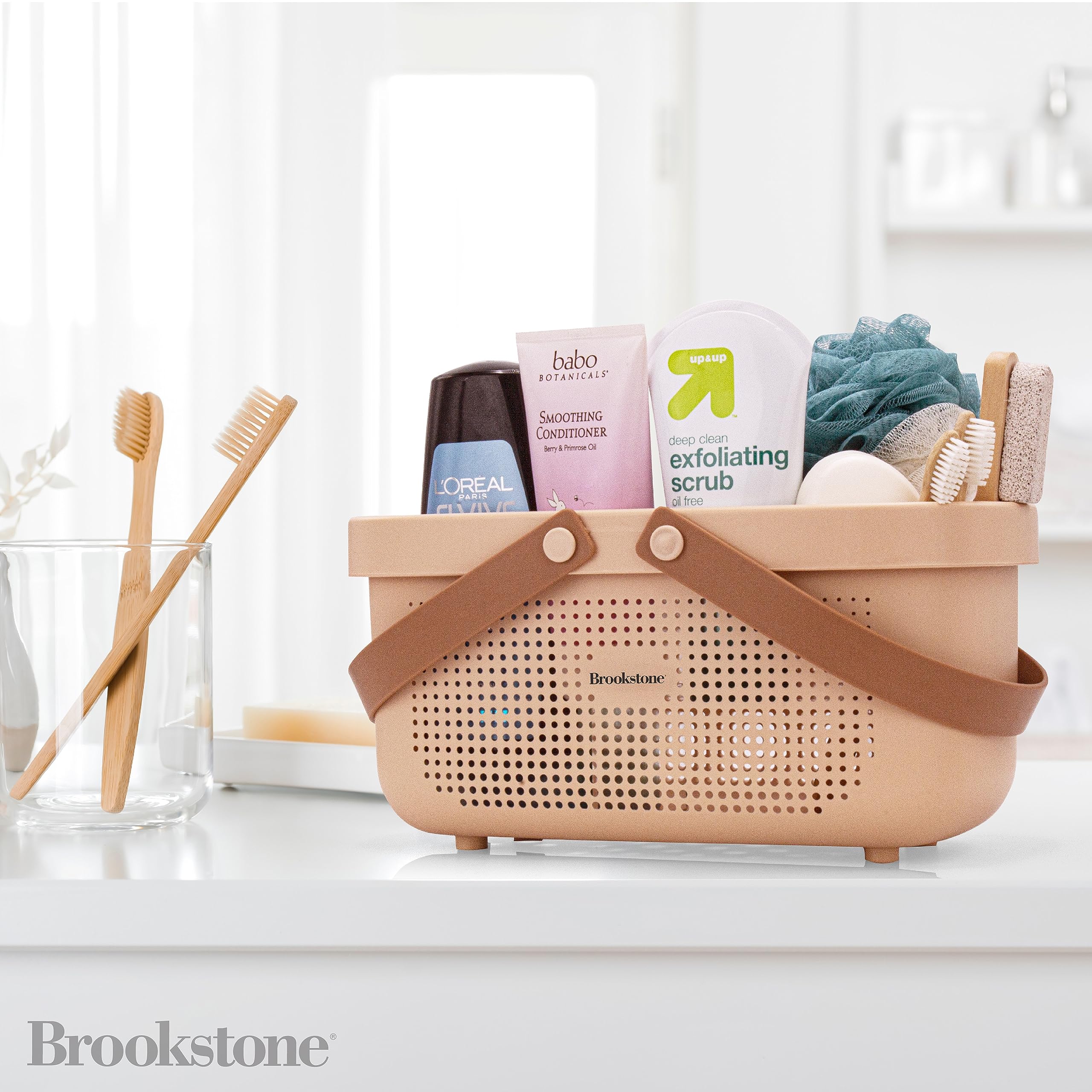 Brookstone Bkh1634, Large Portable Shower Caddy With Soft Silicone Carrying Handle, Bathroom Organizer Basket, Plastic Bath Tote