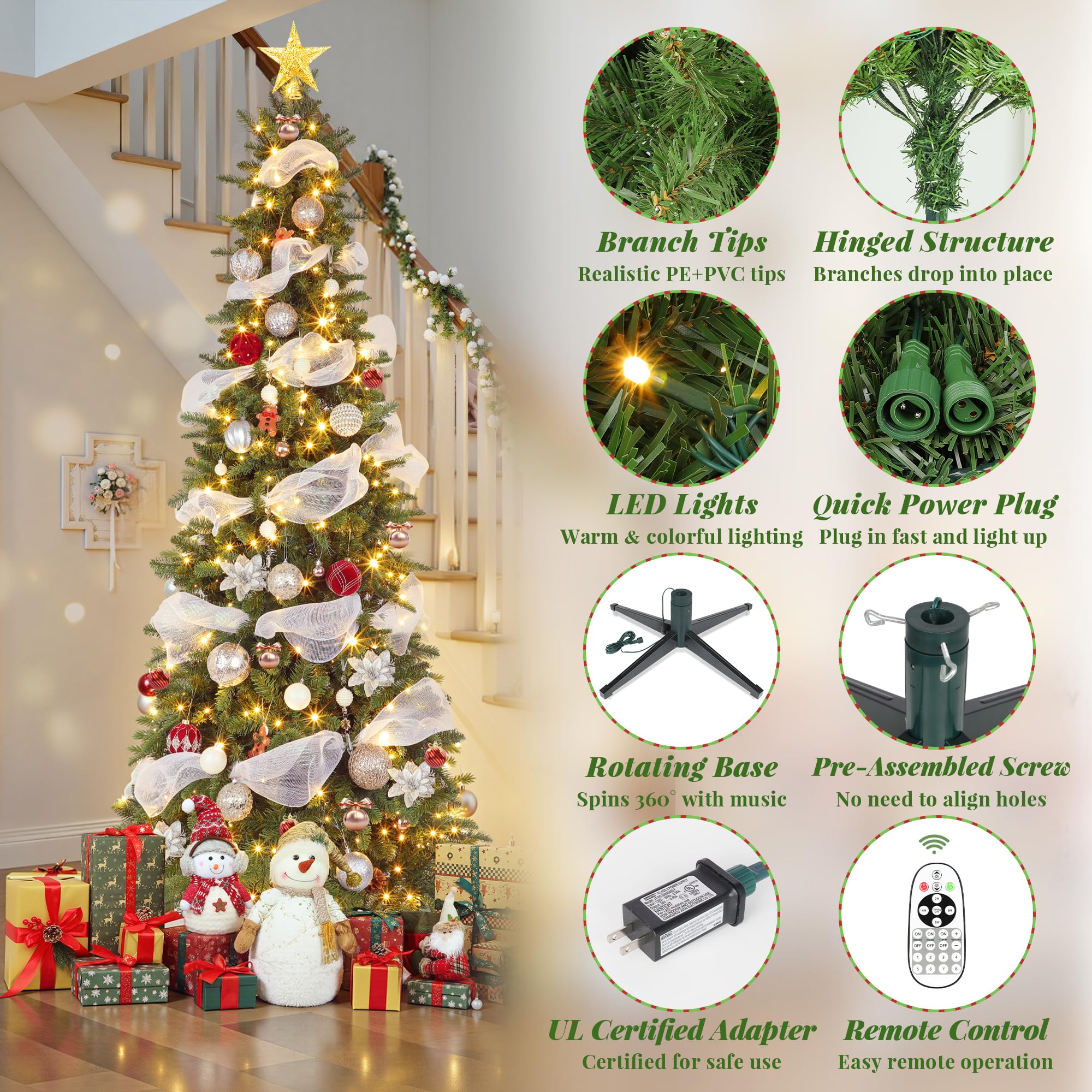 Chogglevue 7.5FT Pencil Rotating Artificial Christmas Tree - Green Tree with White & Multi-Color Lights, 370 LED Lights and 1142