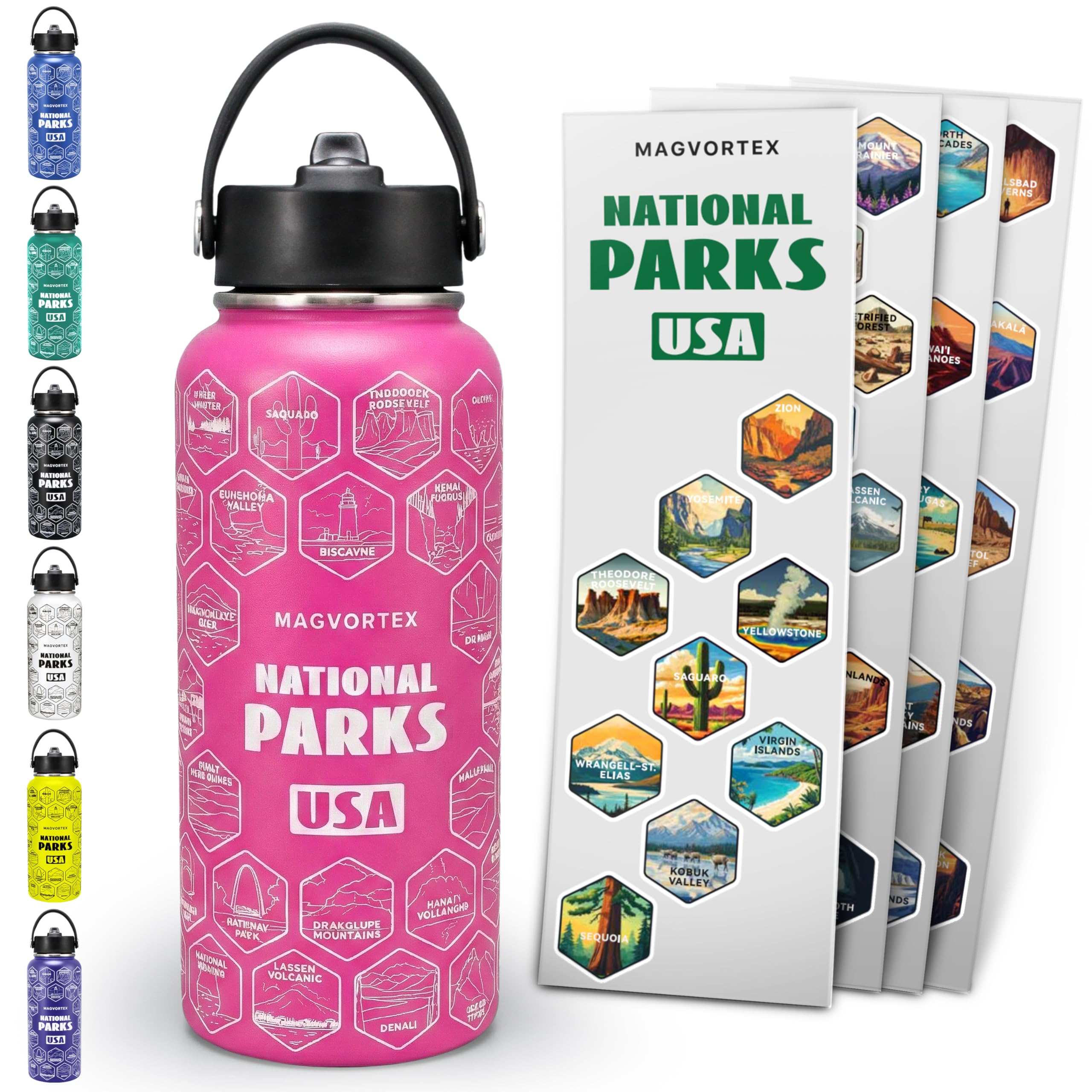 National Parks Pink Water Bottle with Durable Stickers - 32oz Insulated Stainless Steel Water Bottle with Spout Lid - Insulated 