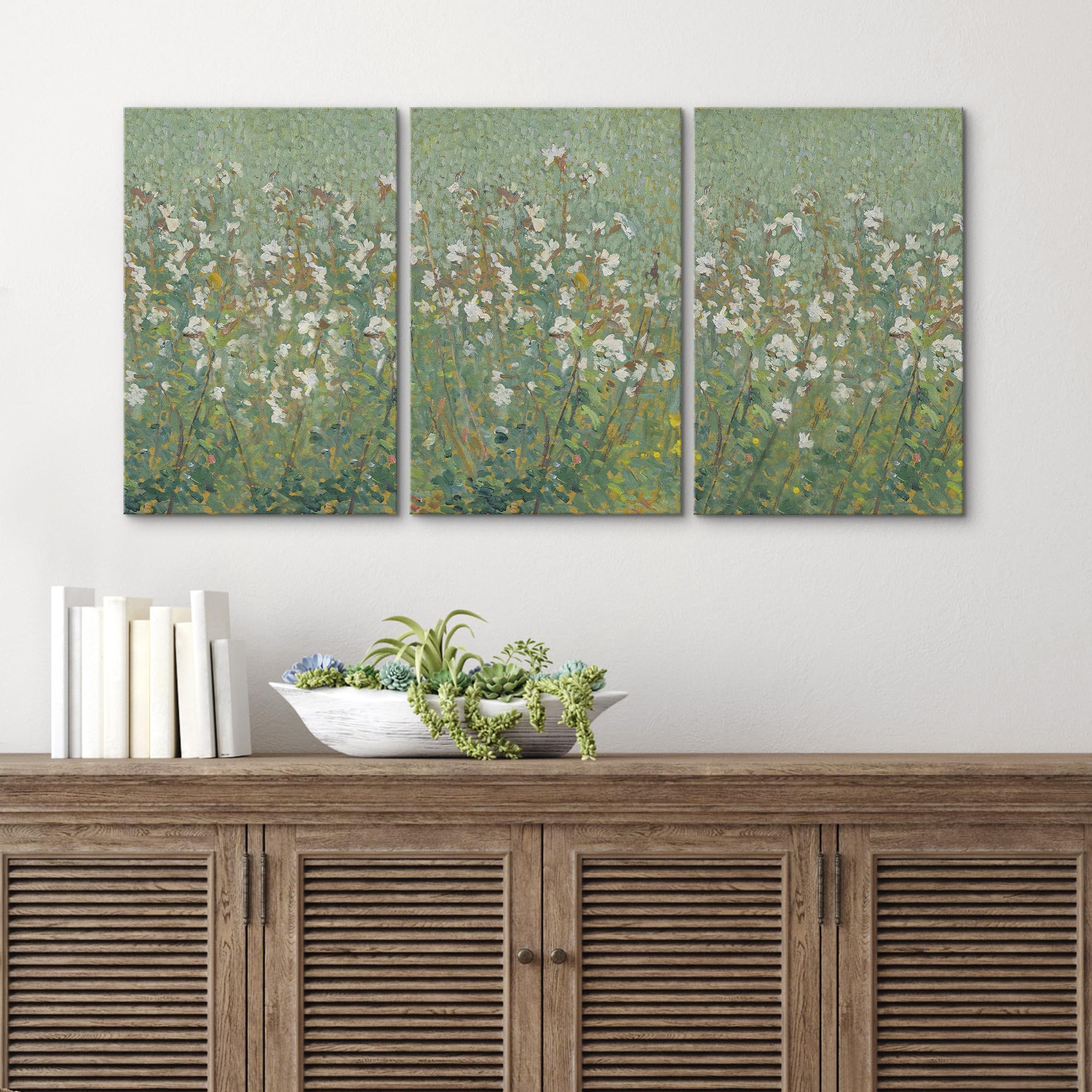 Wall26 Canvas Print Wall Art Set Emerald Green Monet White Flower Field Nature Wilderness Illustrations Modern Art Decorative Fl