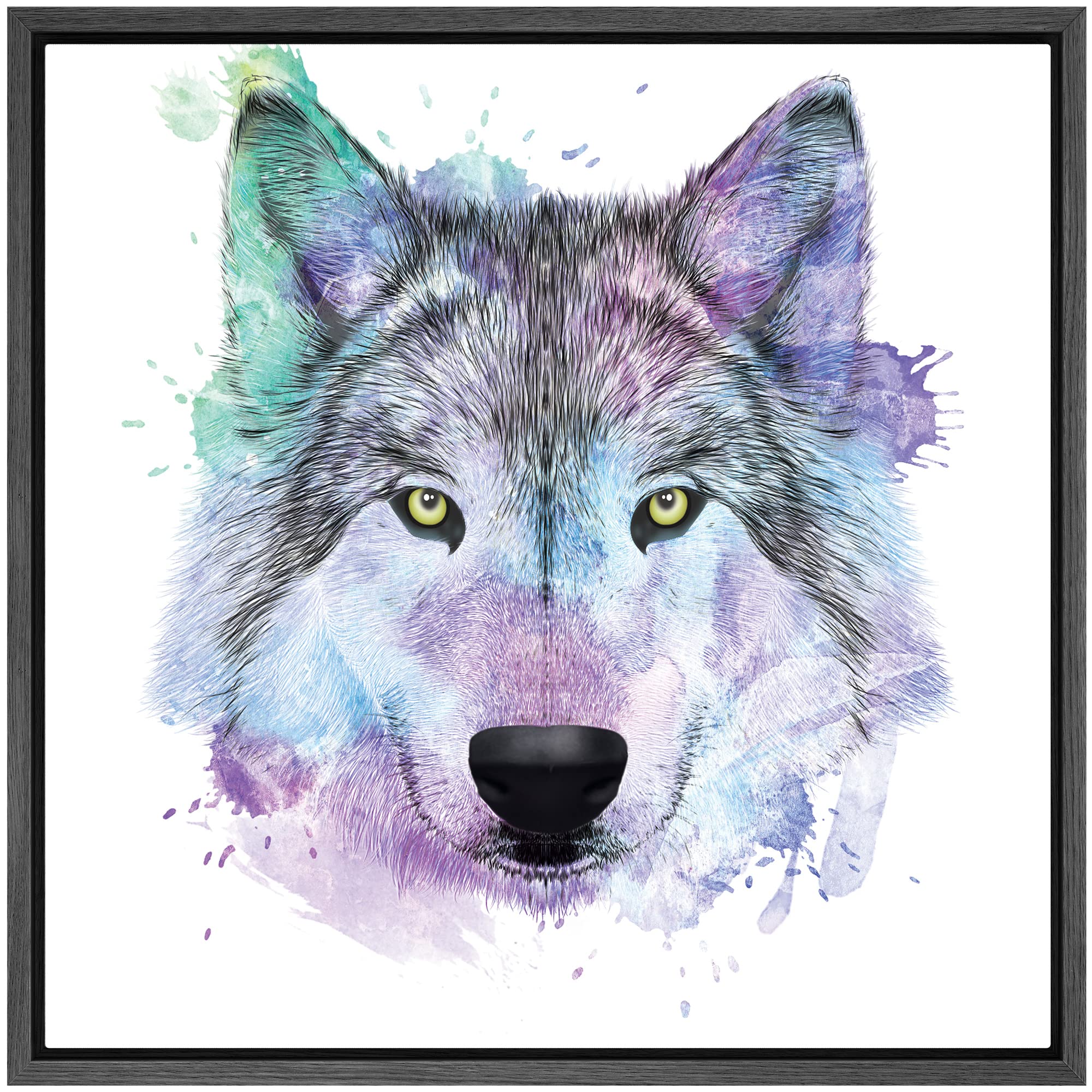 Wall26 - Fun And Colorful Splattered Watercolor Wolf - Framed Canvas Art Home Art - 16''X16'' Black