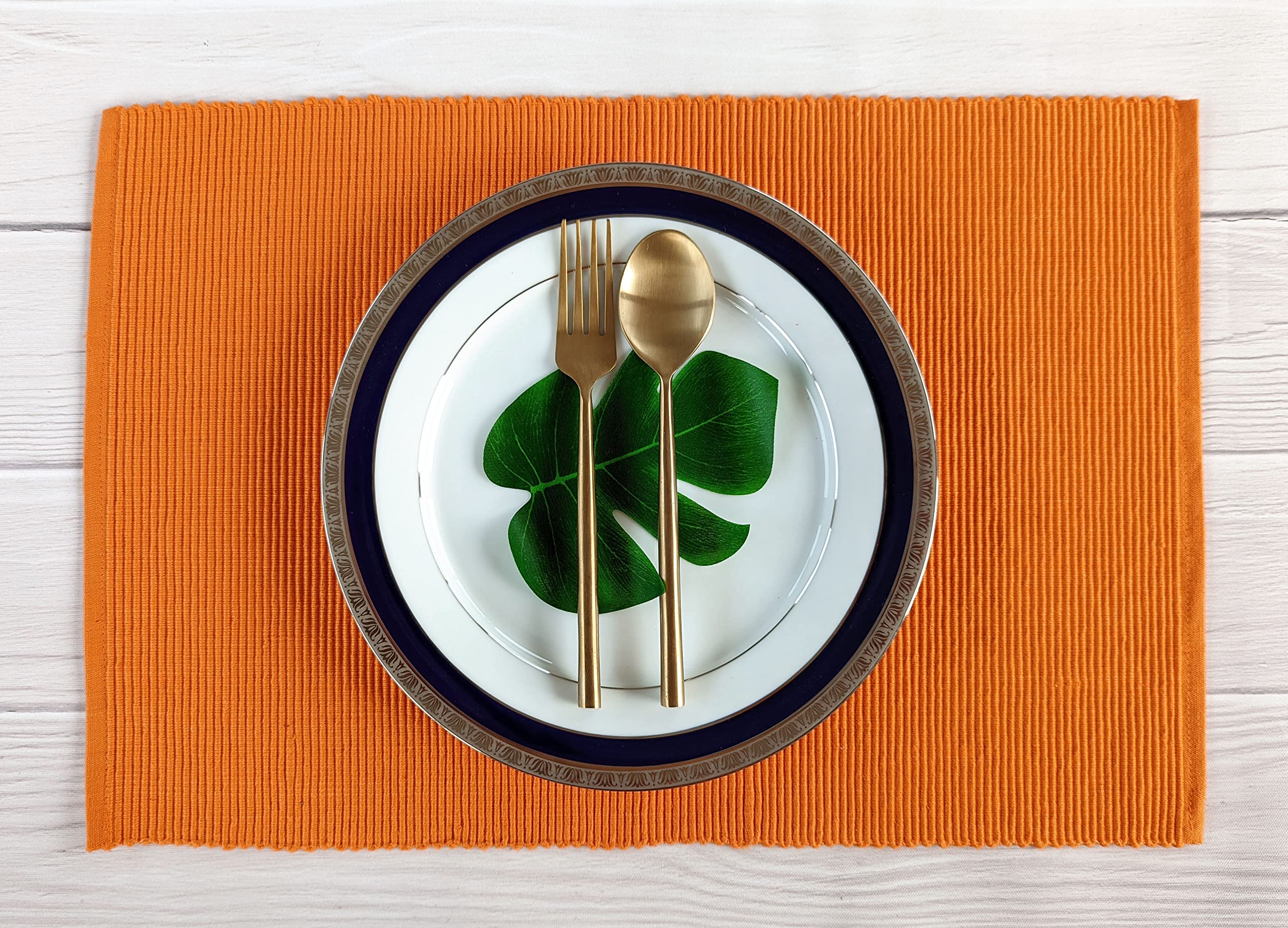 Avka Studio 100% Cotton Ribbed Placemats - Set Of 6-13 X 19 Inches - Orange - Everyday/Fall/Thanksgiving/Halloween Cloth Table M