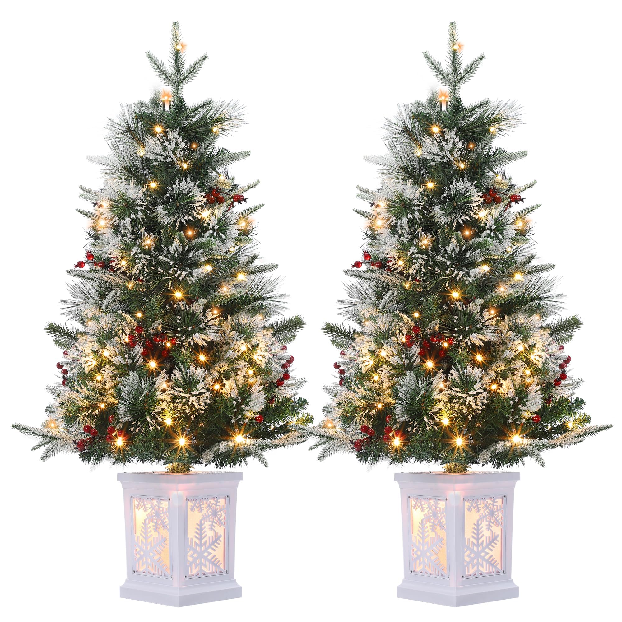 3 Ft Pre-Lit Tree with 78 Lights, Snowflake Base Artificial Tree with Timer & Berries, Tabletop Decor for Home or Office, Easy A