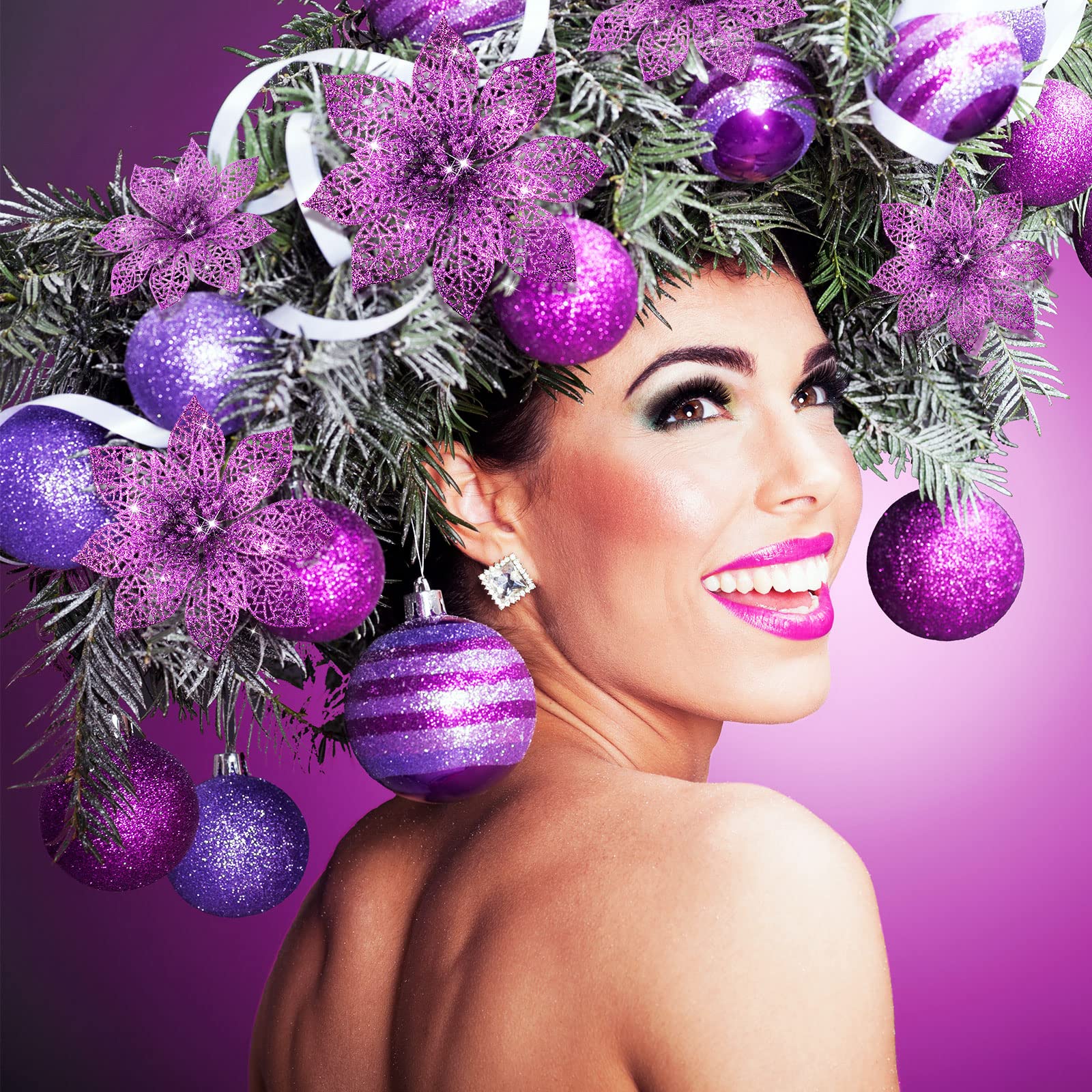 WILLBOND 36 Pieces Christmas Poinsettia Flowers Artificial Ornaments Glitter Christmas Decorations Tree Wedding New Year(Purple)