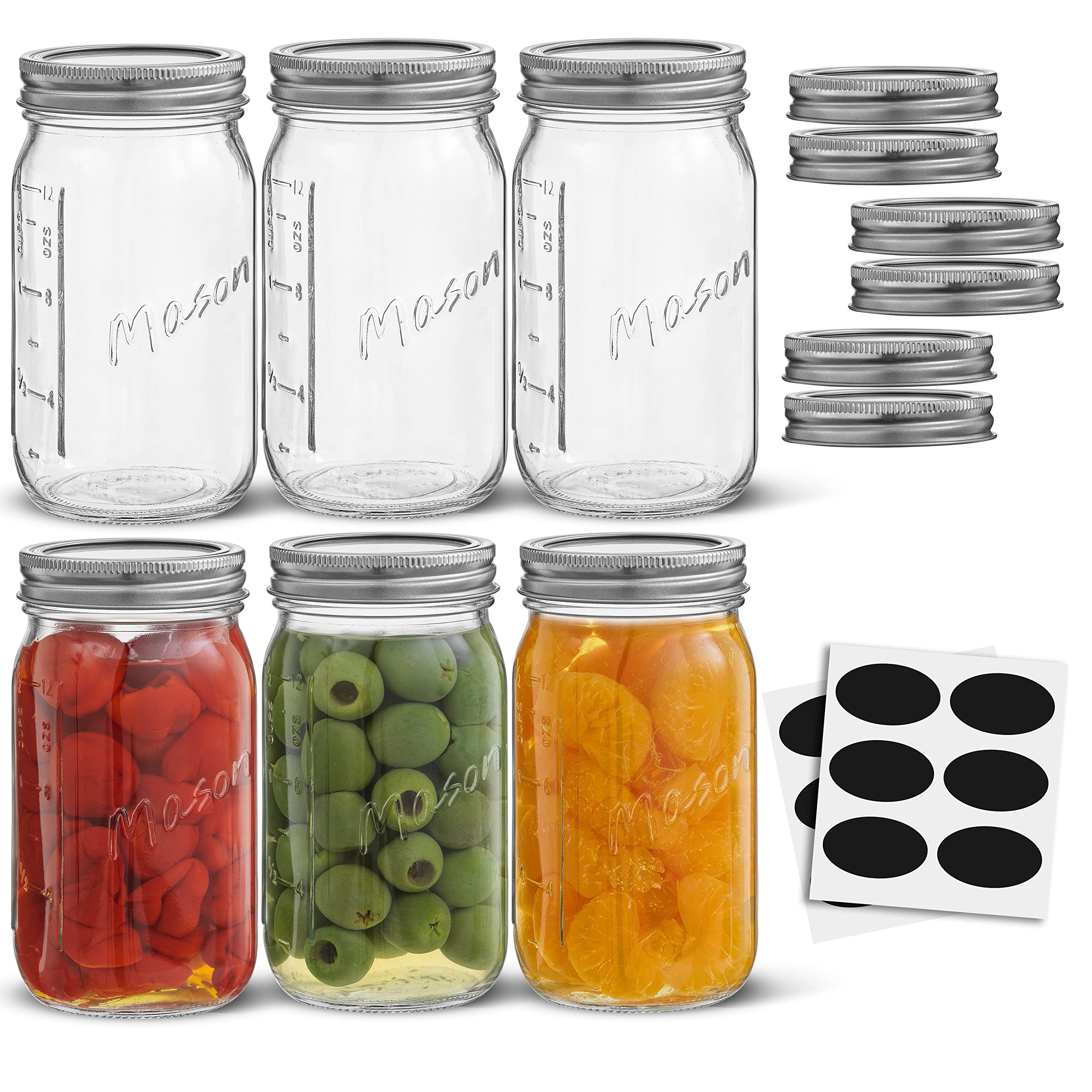 16 Oz Mason Jars With Lids, Labels and Measures! 6Pack Regular Mouth Mason Jars, Glass Jar with Lid and Band. Airtight Canning 