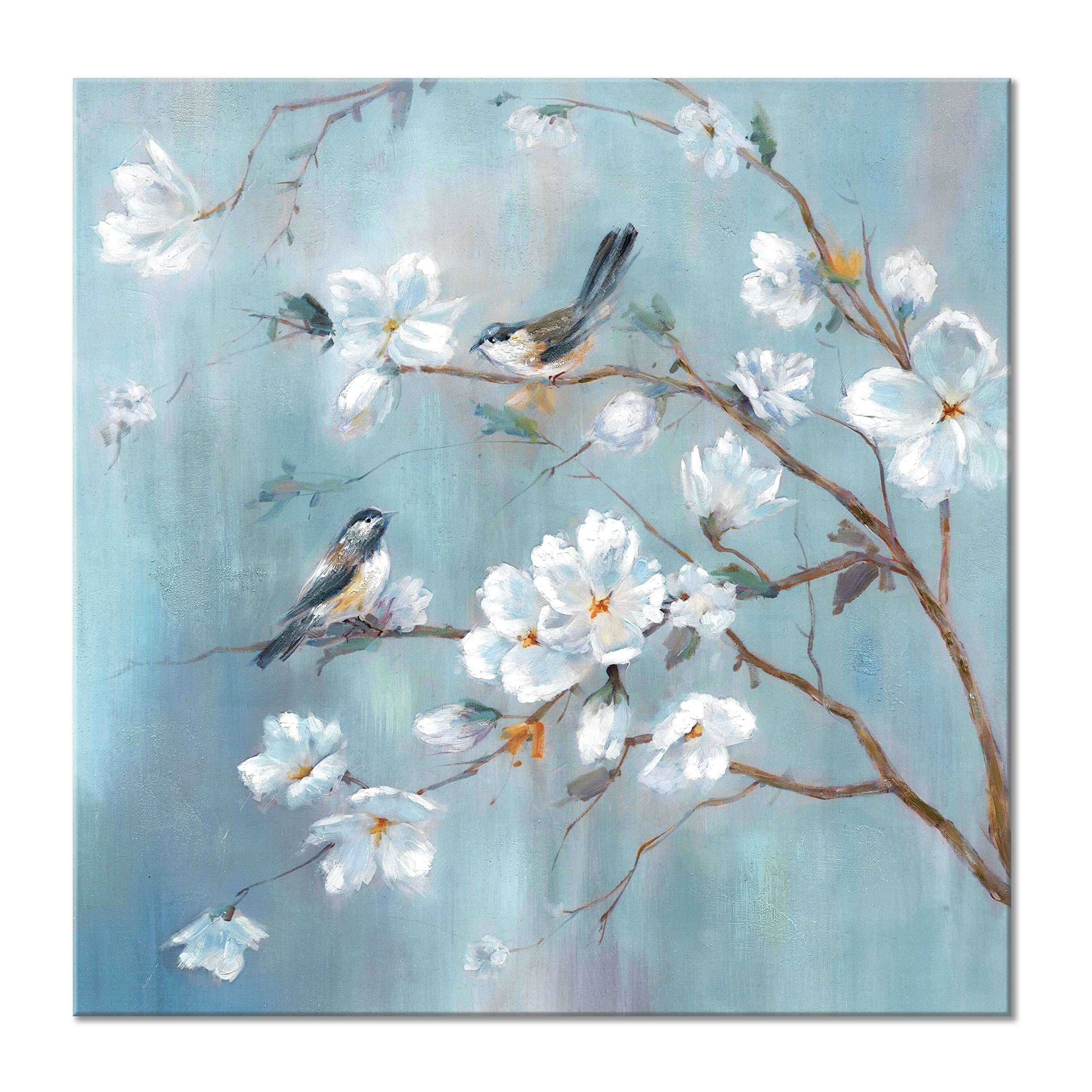 Utop-Art White Flower Canvas Wall Art: Elegant Tree And Birds Artwork Floral Painting For Bedroom (28'' X 28'' X 1 Panel)
