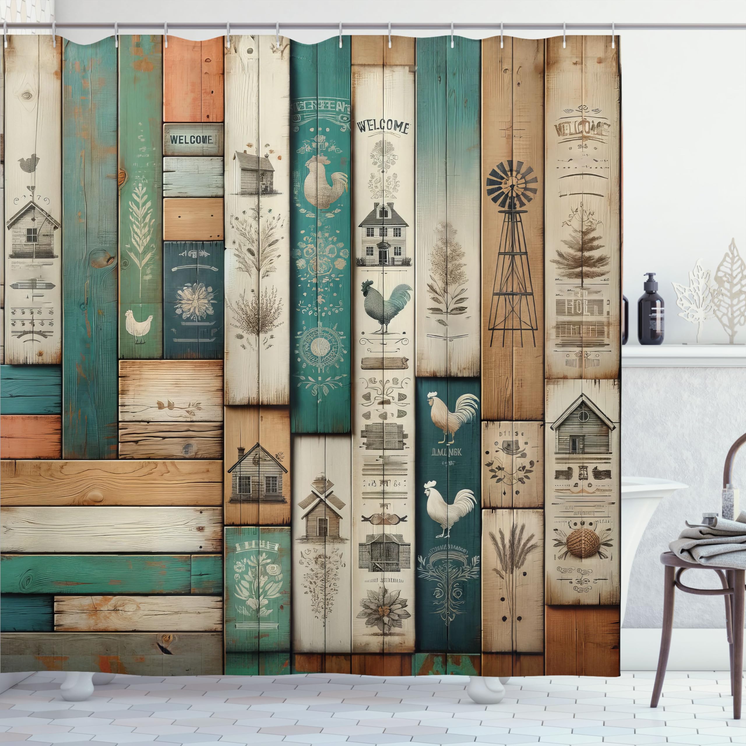 Ambesonne Farmhouse Shower Curtain, Rustic Themed Weathered Wooden Planks With Country Life Items, Cloth Fabric Bathroom Decor S