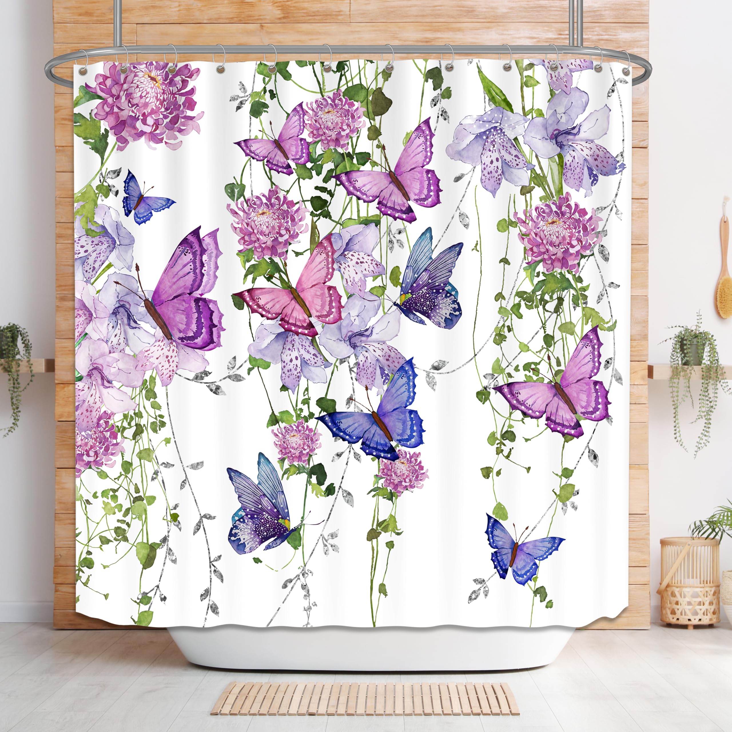 Chiinvent Purple Shower Curtain Butterfly Shower Curtains For Bathroom, Spring Shower Curtain Lavender Lilac Pink Floral Shower