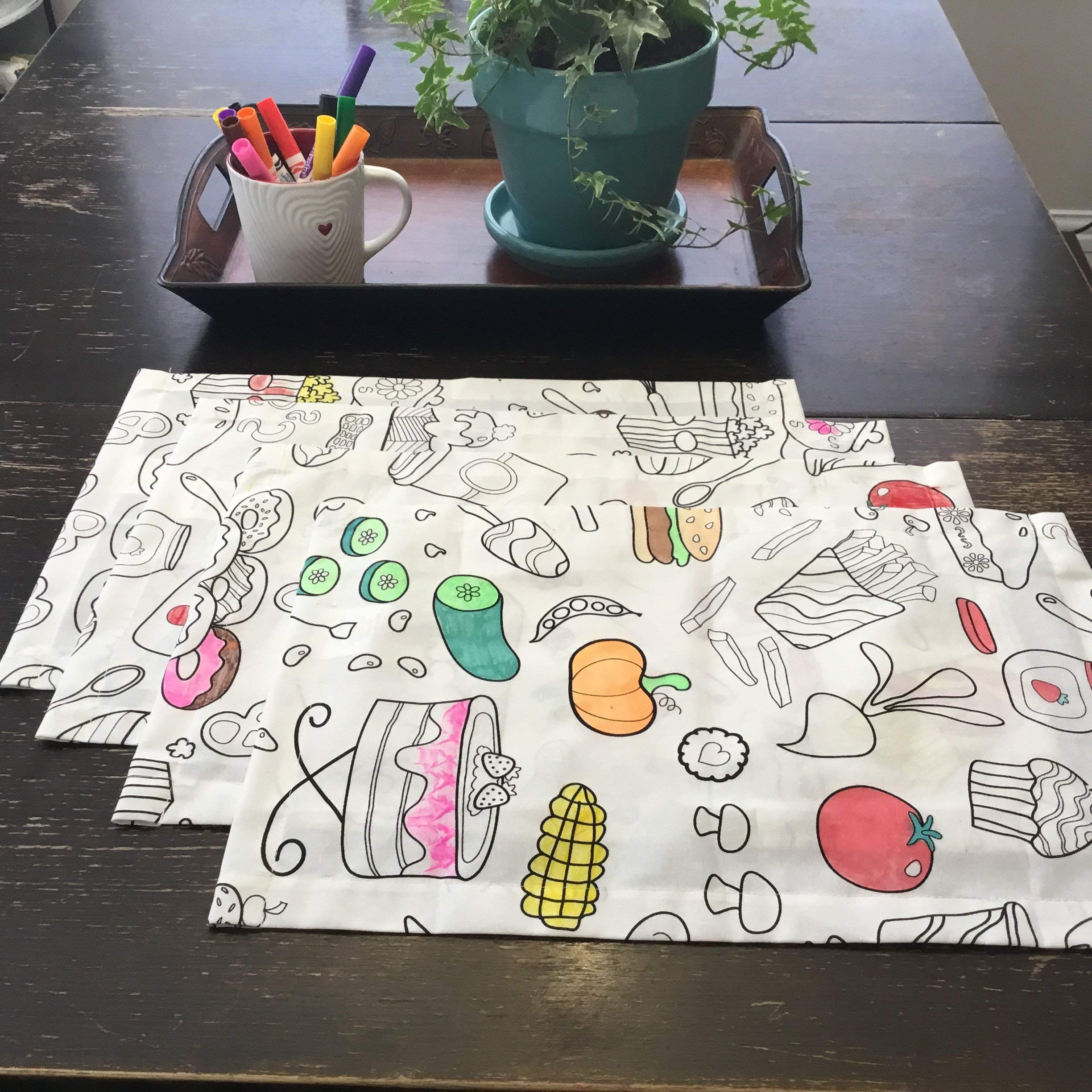 The Coloring Table - Food Fun Design - Set Of 4 Placemats (14''X18'') - Fabric Coloring Placemats - Colorable Designs - Washable
